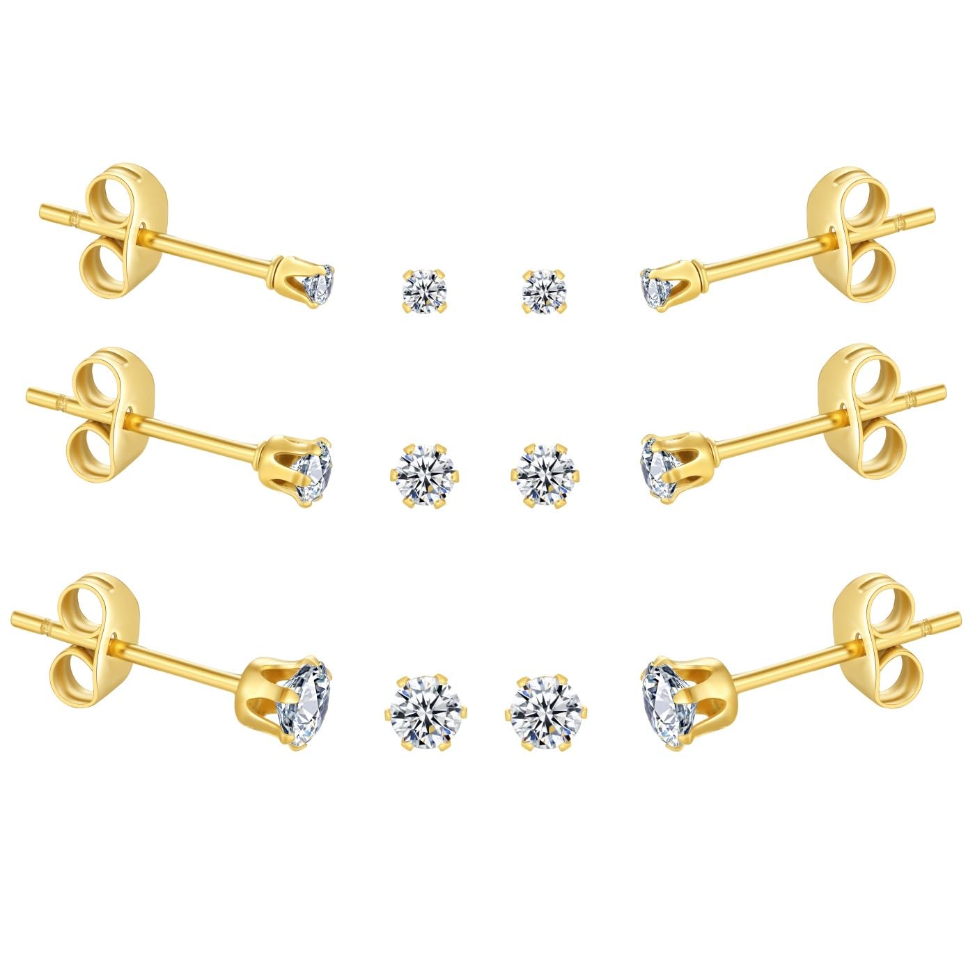 FOSIR 6 Pairs Tiny 14K Gold Plated Stainless Steel Cubic Zirconia Stud Earrings for Women, Hypoallergenic 316L Earrings Pack, 2mm 3mm 4mm CZ