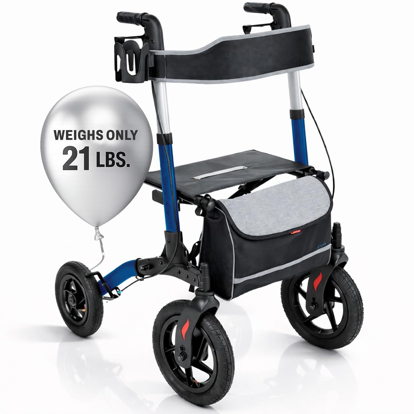 Vive All-Terrain Rollator Walker with 12” Pneumatic Wheels - Padded Seat & Backrest, Lightweight Outdoor Rolling Walker with Big Wheels - Foldable with Height Adjustments