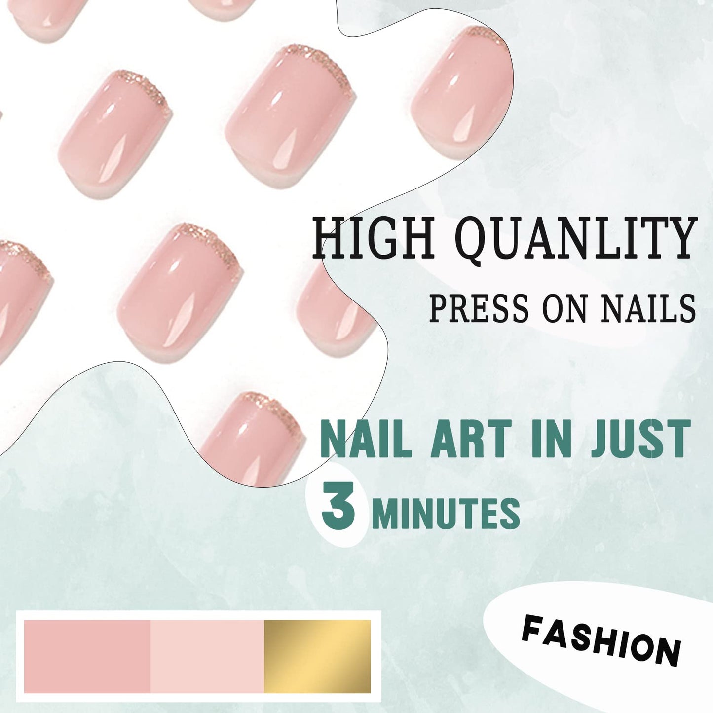 IMSOHOT Short Square Squoval Glossy Press on Nails, Nude Gold French Acrylic Nails for Women, 24PCS