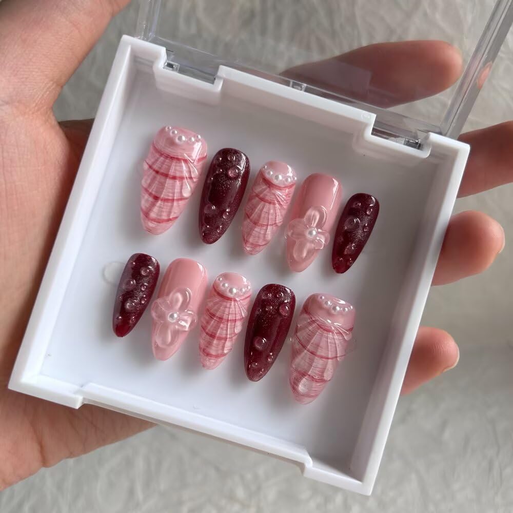 10 Pcs Press on Nails Medium Almond Fake Nails, 3D Pink Shell Design Full Cover Stick on Nails, Handmade Artificial Acrylic Nails with Nails File Set (Size M)