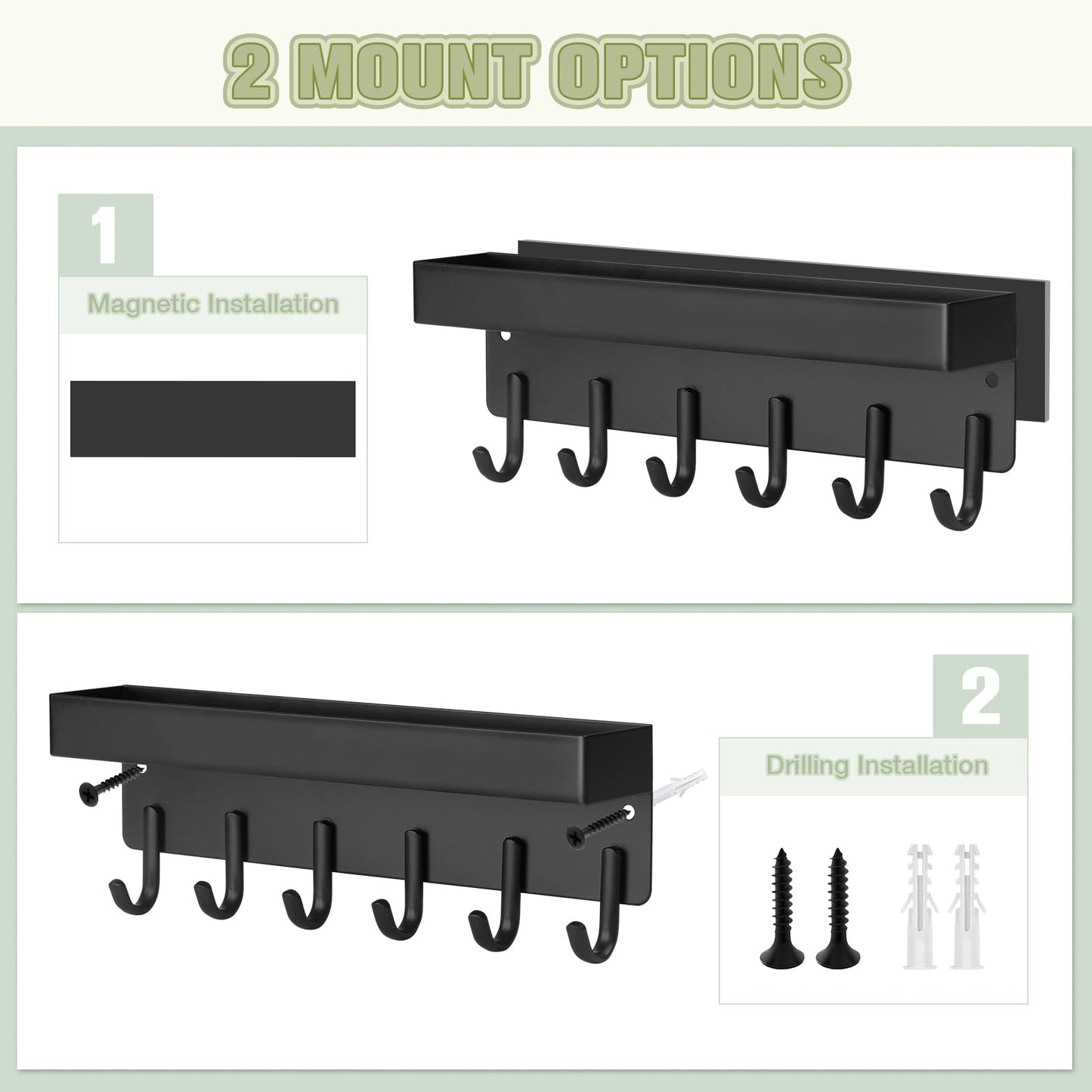 VIS'V Magnetic Key Holder Wall Mount, Compact Metal Key Rack with Tray, 6 Hooks, 2 Mount Options, Black