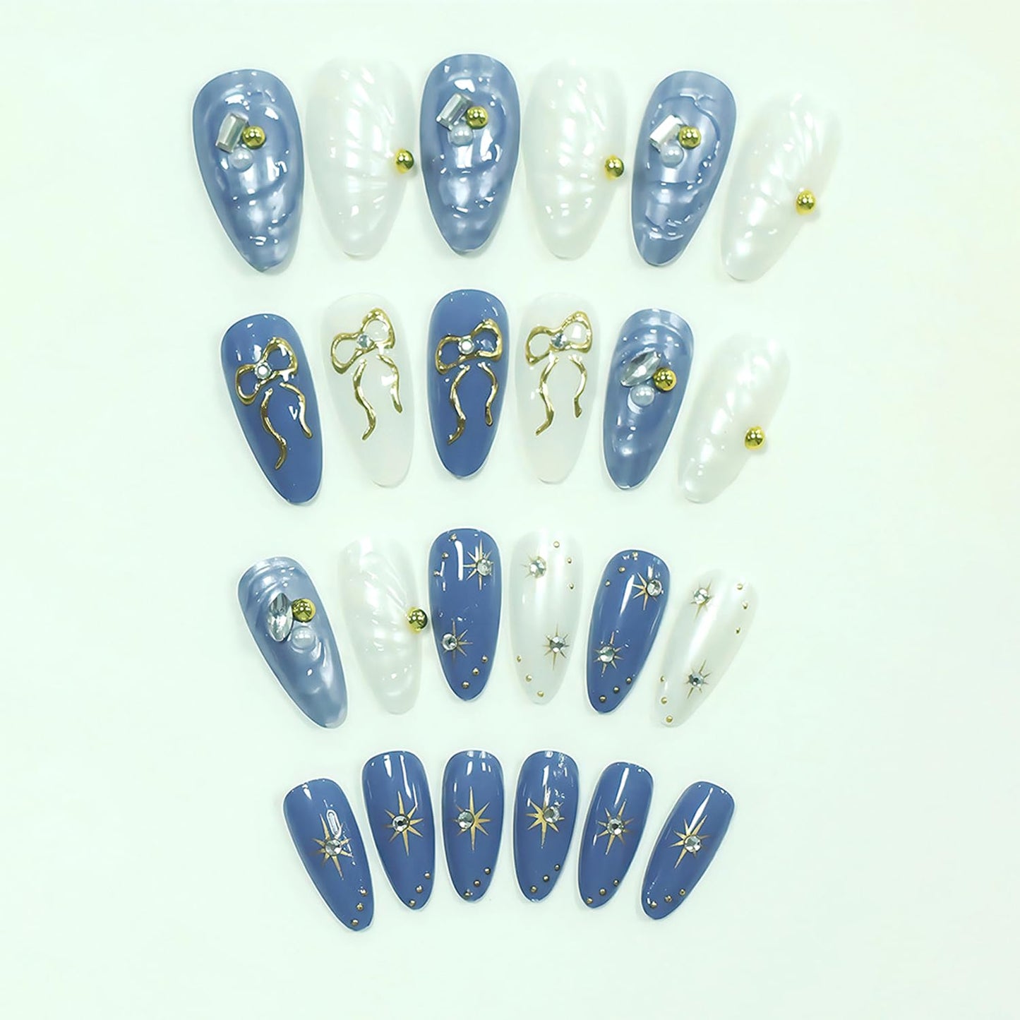 24Pcs Handmade Press on Nails Medium Almond French Tip Fake Nail with Bow Star Gilding Design Blue False Nails Full Cover Artificial Acrylic Rhinestones Nails Sparkling Stick on Nails for Women