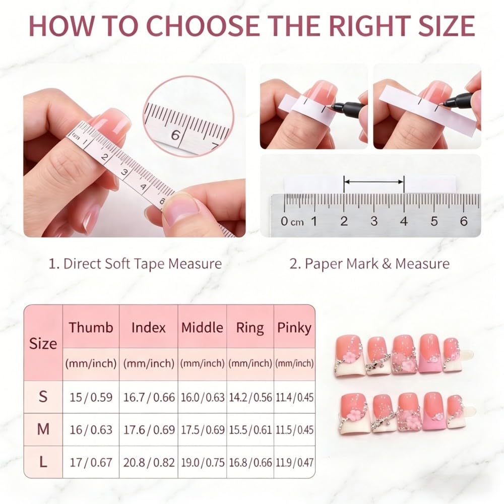 Vokupoga Long Almond Press on Nails Handmade Fake Nails French Stiletto False Nails with 3D Flower Designs Glossy Artificial Nails for Women 10Pcs(Size M)