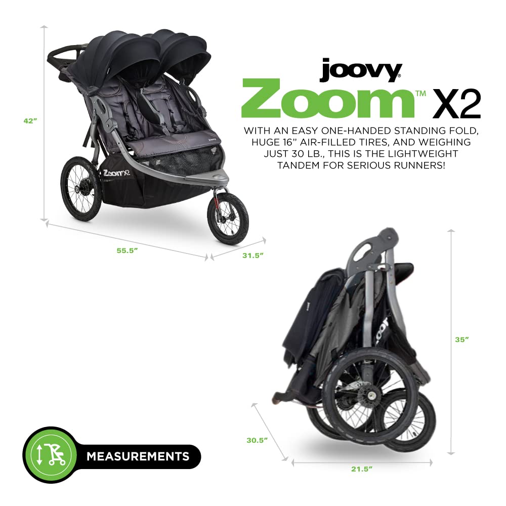 Joovy Zoom X2 Lightweight Performance Double Jogging Stroller Featuring Extra-Large Pneumatic Tires with Air Pump Included, Locking and Swiveling Front Tire, and Easy One-Handed Fold, Forged Iron