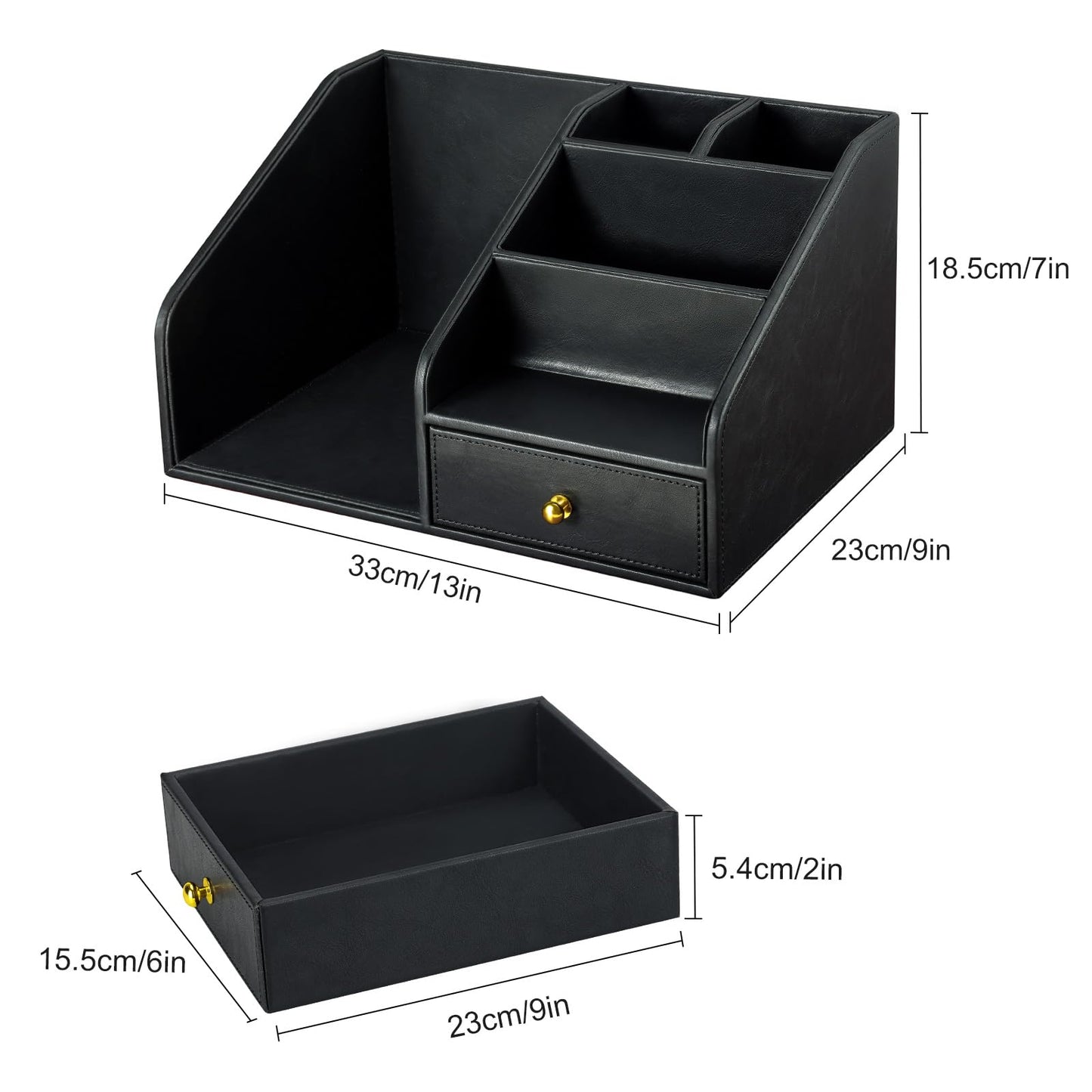 KINGFOM PU Leather Desk Organizer, Multifunction 6 Compartment Desk Organizers and Accessories for Office Supplies, Pen Pencil Holder/Book Mail Organizer Holder for Desk with Drawer(Black)