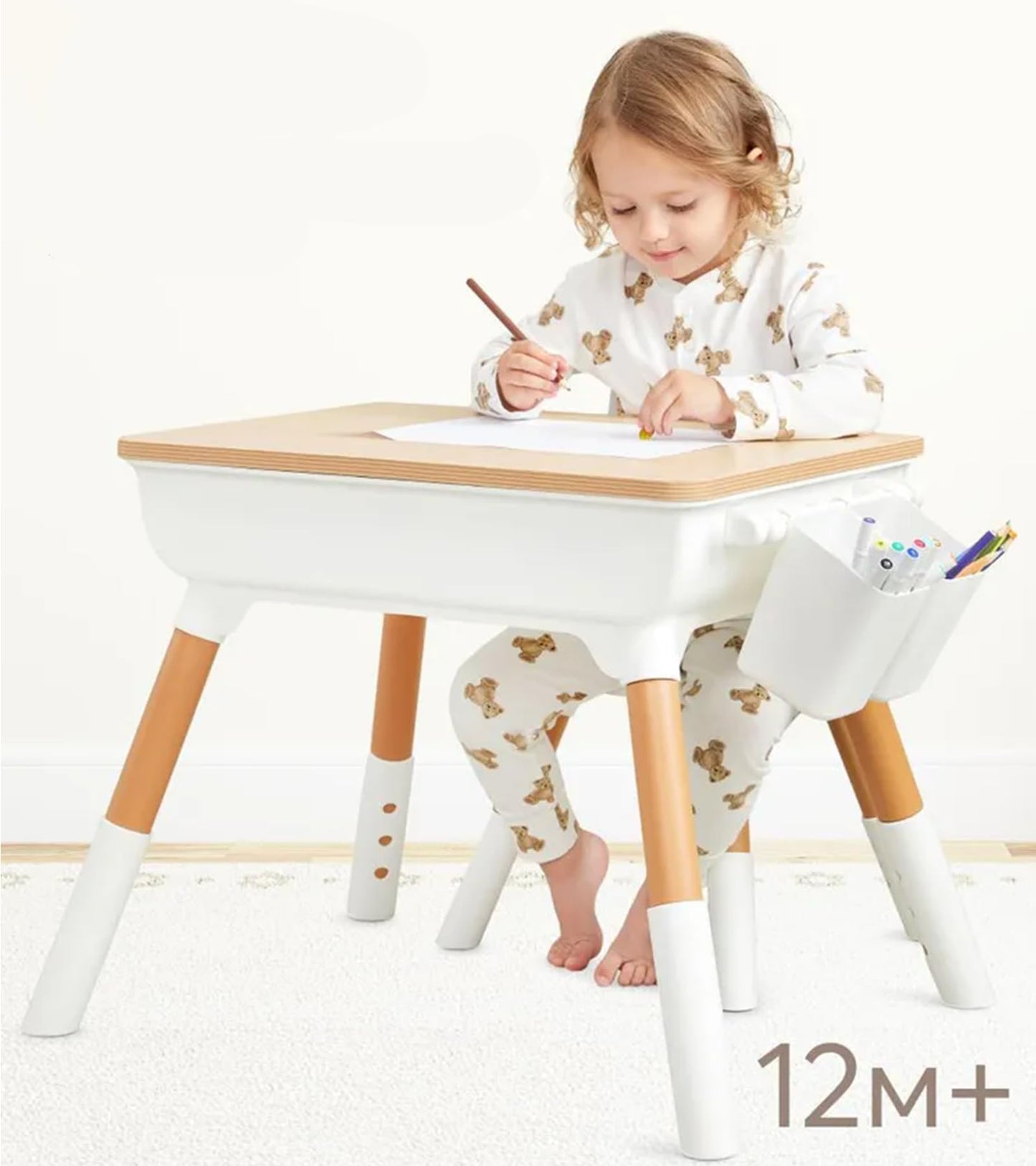 Tonlevo Toddler Desk & Chair Set - Adjustable Height Kids Table with Storage, Solid Wood Legs, Ergonomic for Arts & Crafts, Learning, Snacks & Play (Ages 1-8) - Tool-Free Assembly, White/Natural Wood