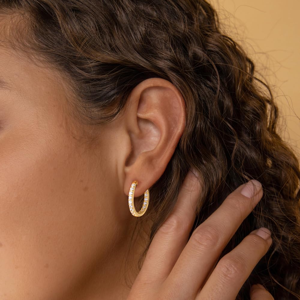 RANDES 14K Gold Plated Hoop Earrings for Women Hypoallergenic Cubic Zirconia Hoops Sterling Silver Created Diamond Large Round Earrings