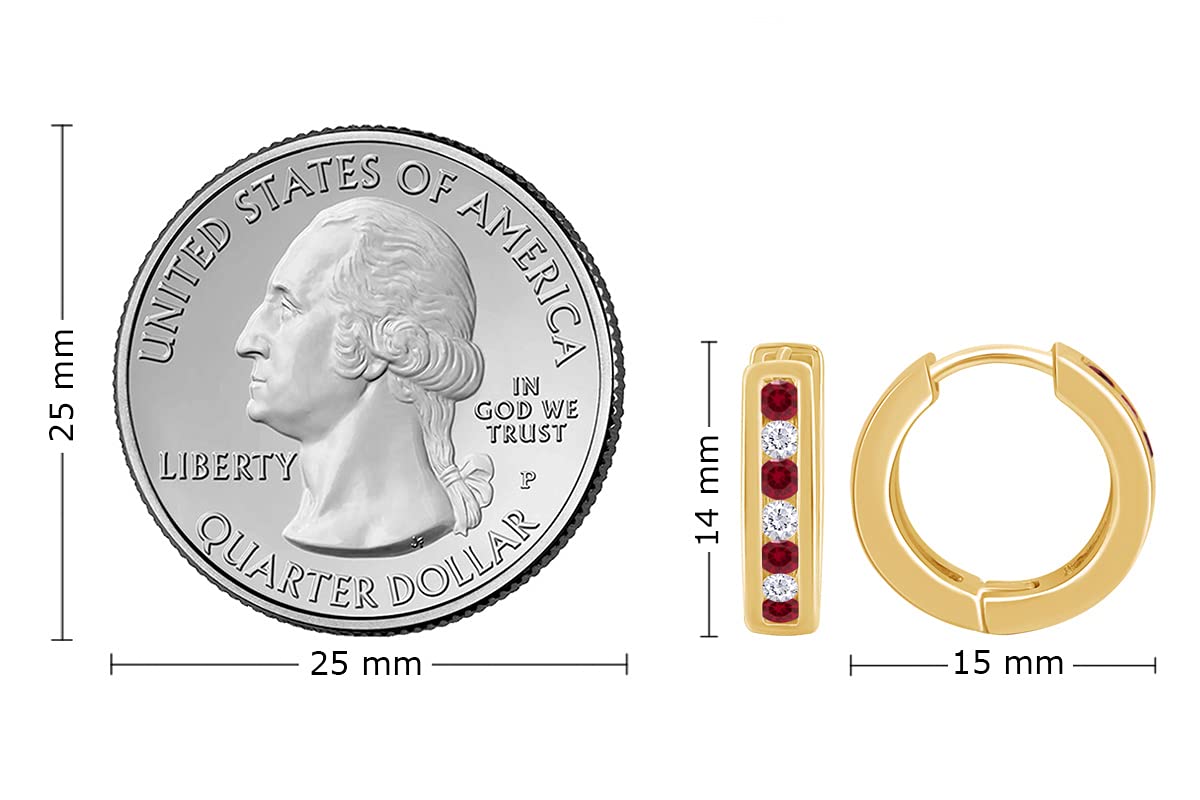 Huggie Earrings for Women, 14K Yellow Gold Over Sterling Silver Hoop Earrings with Simulated Ruby and White Cubic Zirconia, Dainty Elegant Jewelry Gift