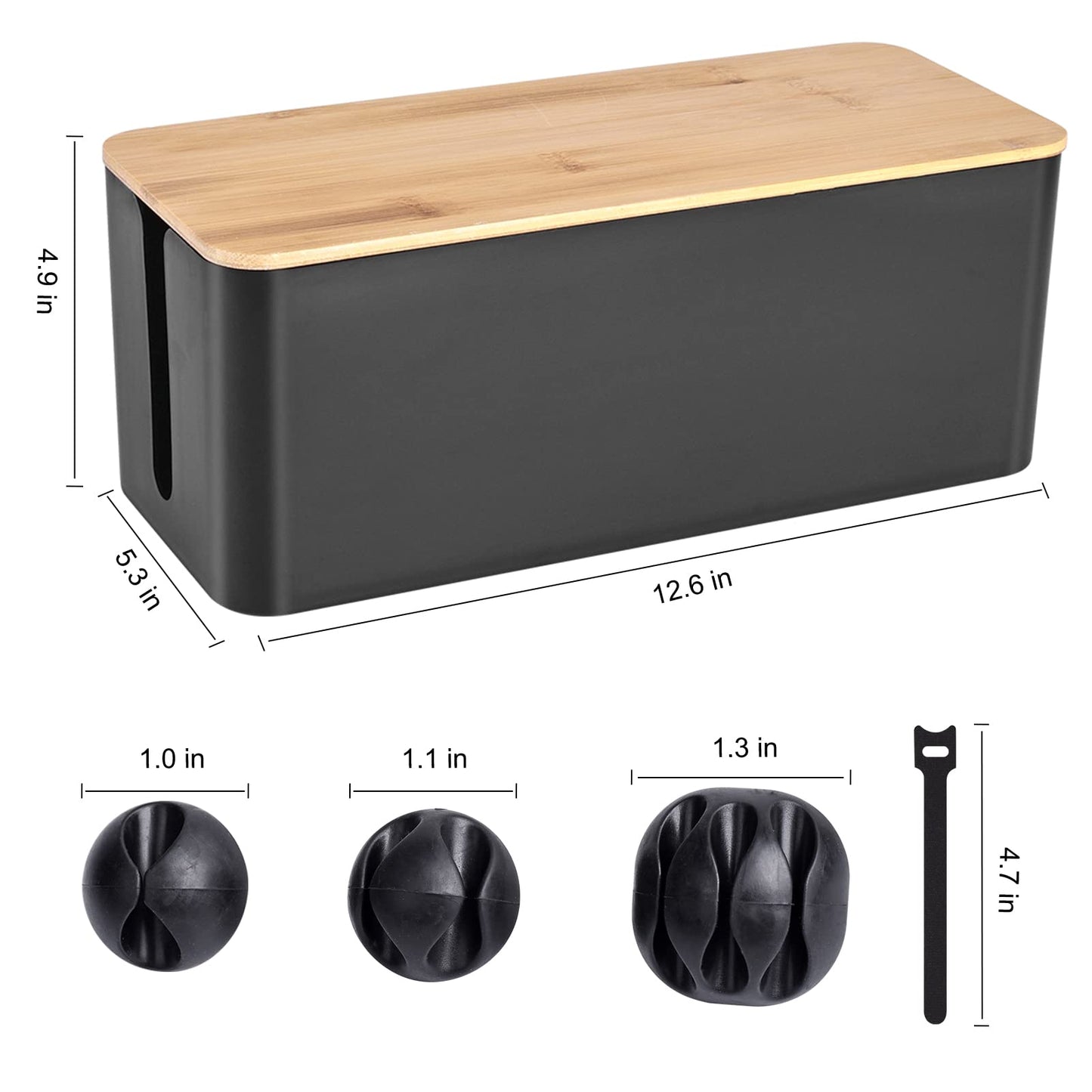 Cable Management Box - Wooden Style Cord Organizer Box to Hide Wires & Power Strips | Desk Computer Cable Organizer Box | Safe ABS Material | 12.6" (L) x 5.3" (W) 4.9" (H) | for Home & Office - Black