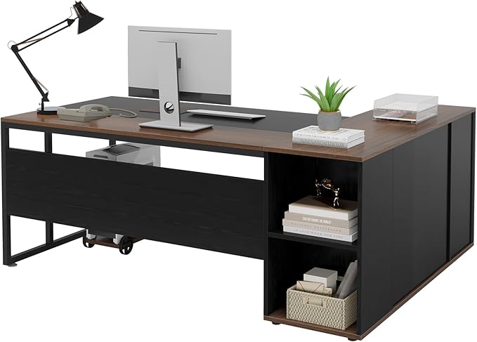 Tribesigns 71 inch Executive Desk, L Shaped Desk with Cabinet Storage, Executive Office Desk with Shelves, Business Furniture Workstation for Home Office, Black and Brown