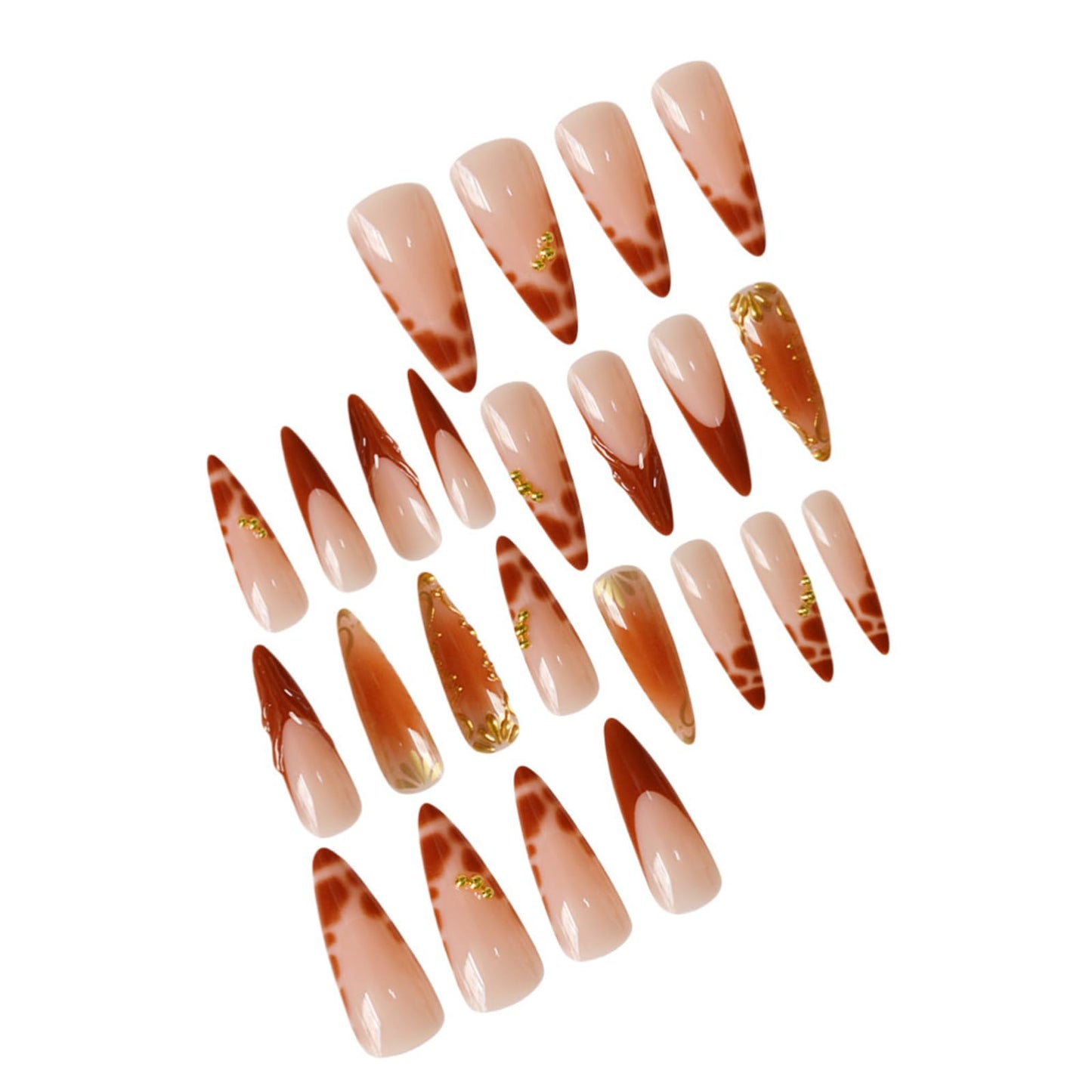 IMSOHOT Press on Nails Long Stiletto Fake Nails Brown Crocodile Print French Tips False Nails with 3D Chrome Gold Pattern Designs Glossy Acrylic Handmade Glue on Nails 24Pcs