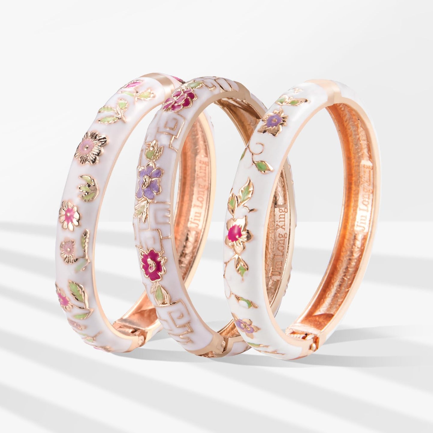 UJOY Womens Multi-Colors Cloisonne Bracelet Gold Plated Flower Enameled Hinged Cuff Bangles Jewelry Gift 55A-3PCS White