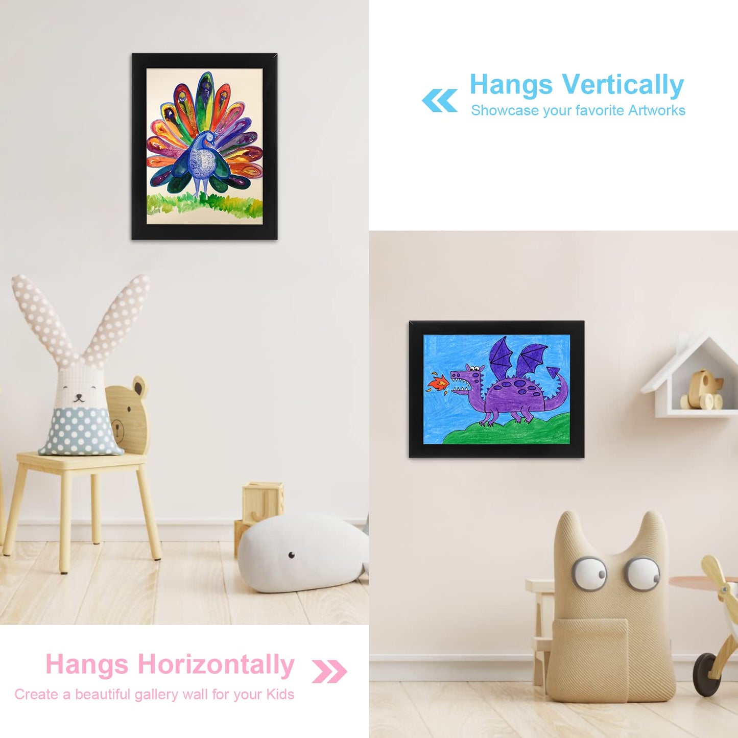 [3-Pack] Kids Art Frames, 8.5x11 Front Opening Kids Artwork Frames Changeable, Black Artwork Display Storage Frame for Wall, Holds 50 Pcs, for 3D Picture, Crafts, Hanging Art, Portfolio