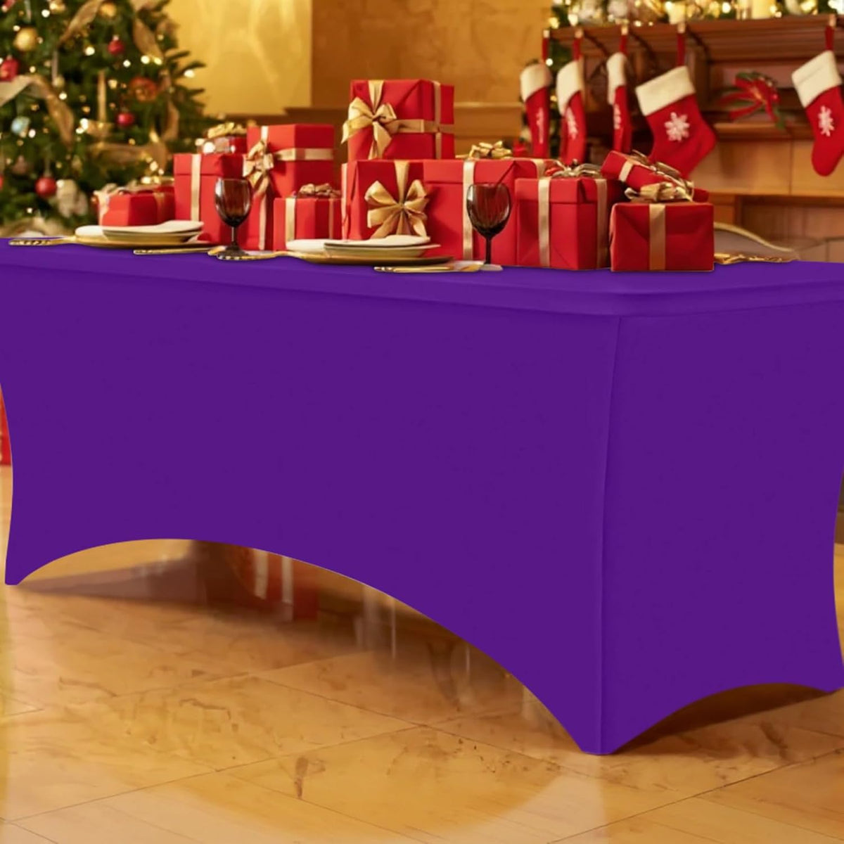 Smiry 2 Pack Spandex Table Cloth 8FT, Elastic Fitted Stretch Tablecloths for Rectangle Tables, Washable Table Cover for Outdoor, Wedding, Banquet & Parties (Purple, 96Lx30Wx30H Inch)