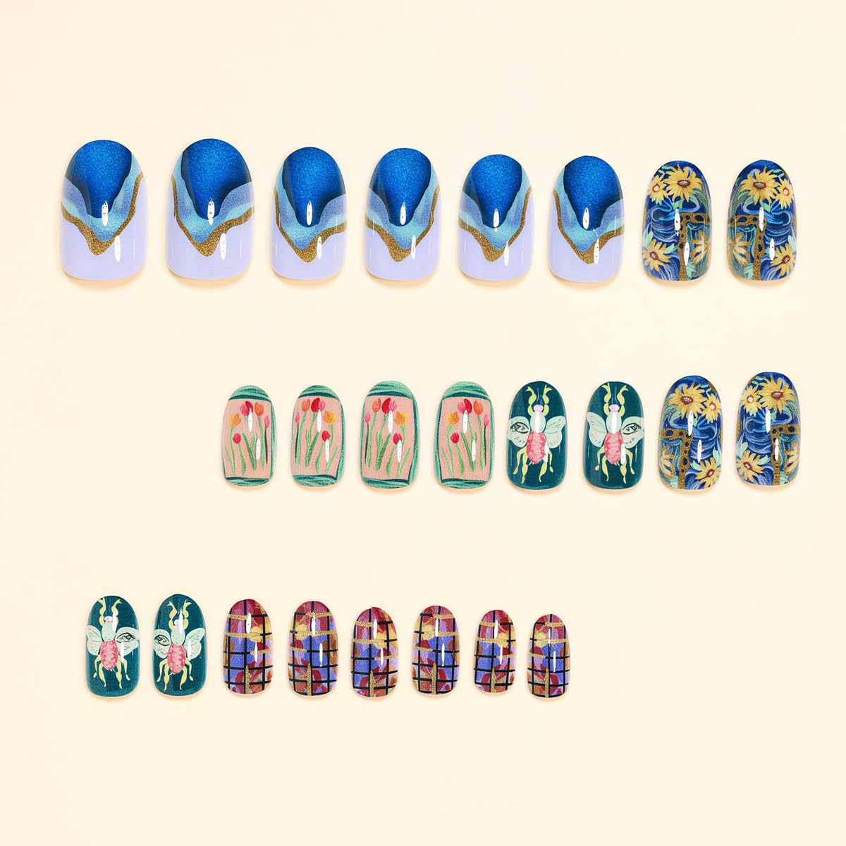 Short Press on Nails Oval - Starry Sky & Flower Design, Oil Painting Style Full Cover Glossy Fake Nails 24PCS for Women Manicure