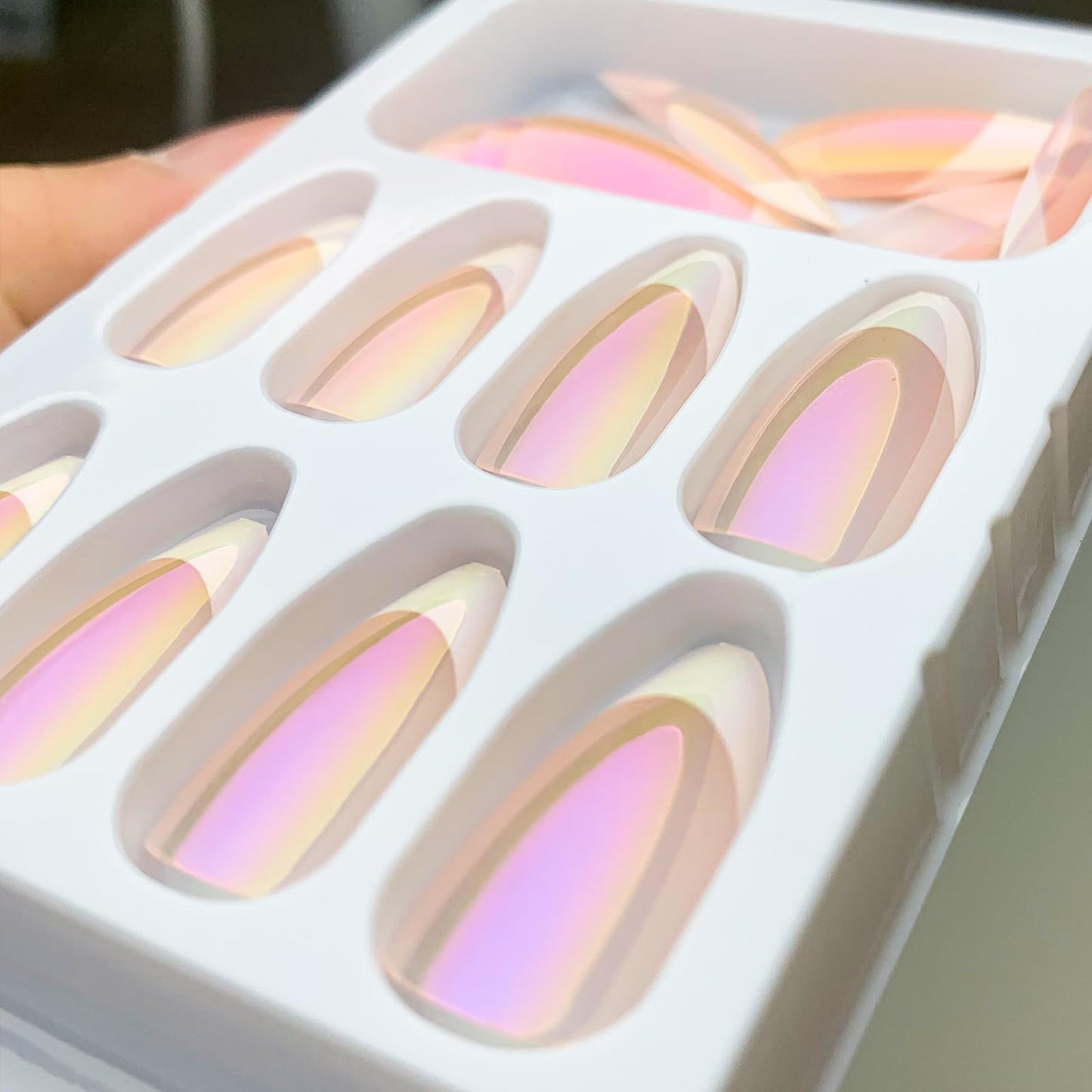 French Tips Press On Nails Almond Chrome Glossy Pearl Powder Full Cover Acrylic Nails with Mirror Glue Ons for Women - 24 Pcs