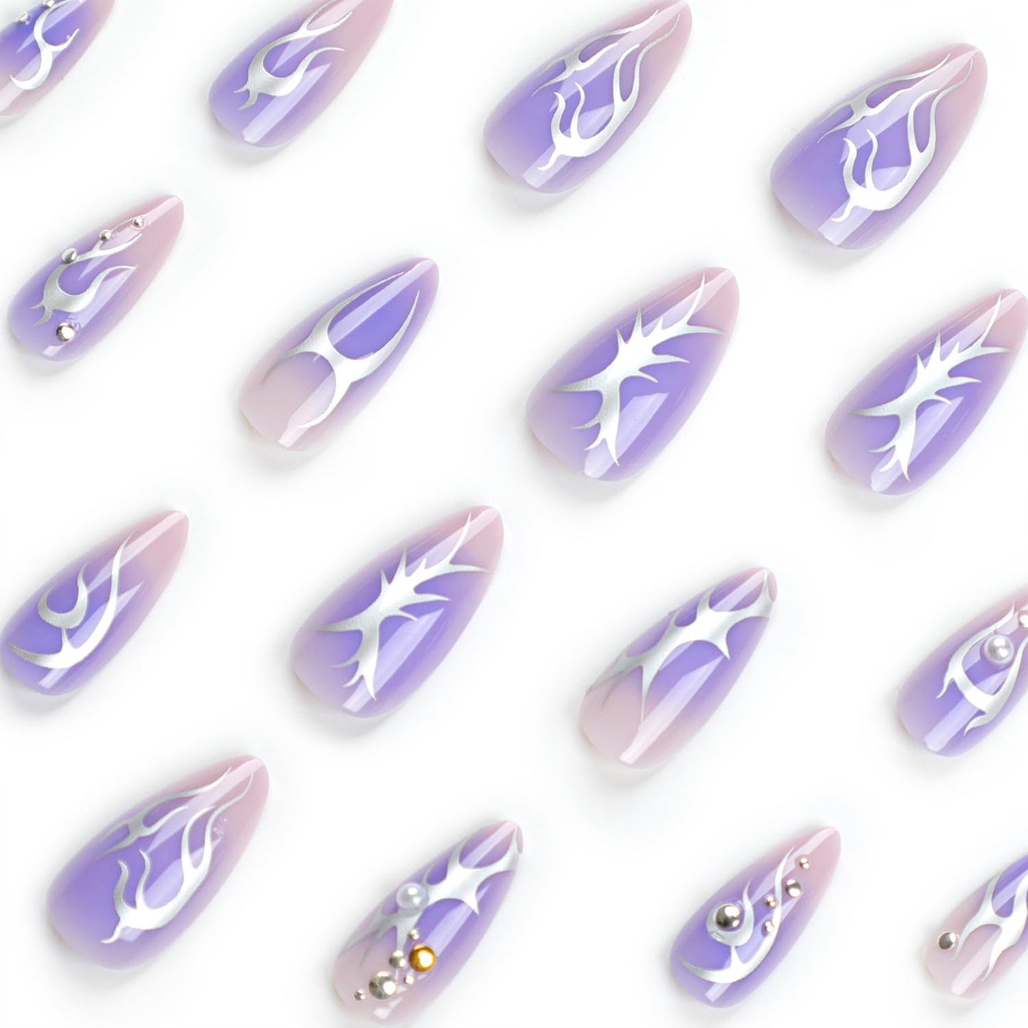 24 Pcs Purple Press on Almond Fake Nails - Pearl Designs, Glossy Full Cover Stick on Nails for Women