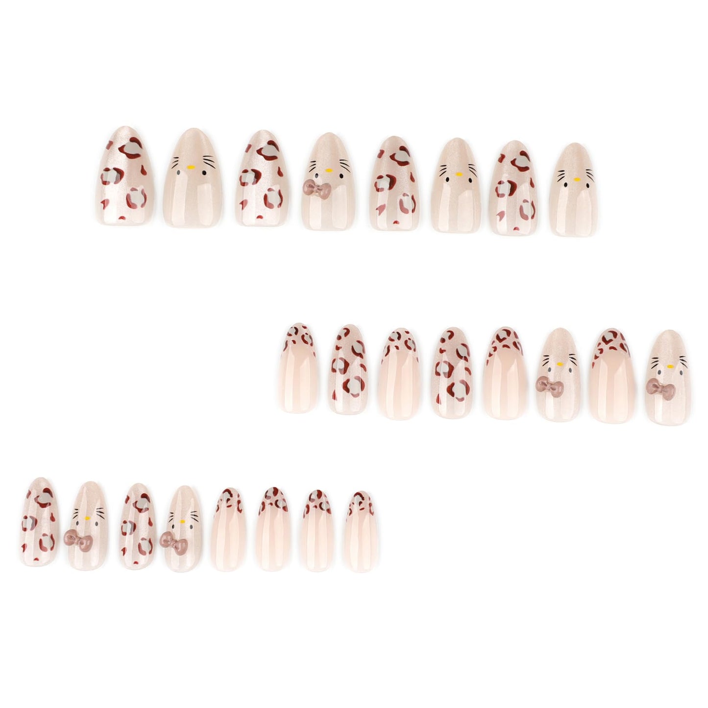 Nude Leopard Press On Nails 24pcs, Cute Cat Design Almond False Nails with Gold Shimmer and 3D Bow, Glossy Reusable Stick On Nails Kit for Women and Girls