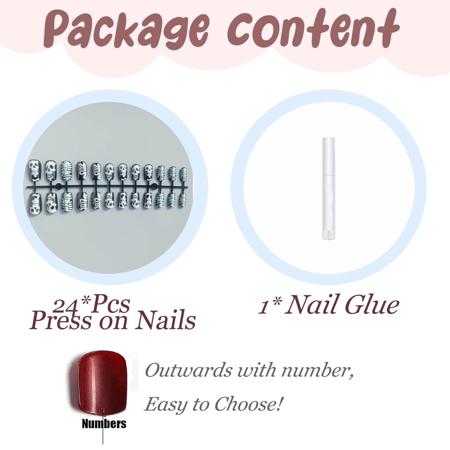 BABALAL Press on Nails Medium Square Fake Nails Black Gothic Glue on Skull Glossy Acrylic False Nails 24Pcs Squoval Manicure Full Cover Artificial Nails for Women Girls
