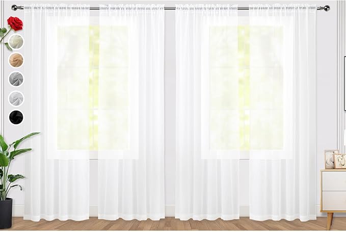 SpaceDresser Sheer White Curtains 4 Panels Rod Pocket Semi-Sheer Curtain 84 Inches Long Light Filtering Voile Window Drapes for Bedroom Living Room Kitchen, Each 52W x 84L