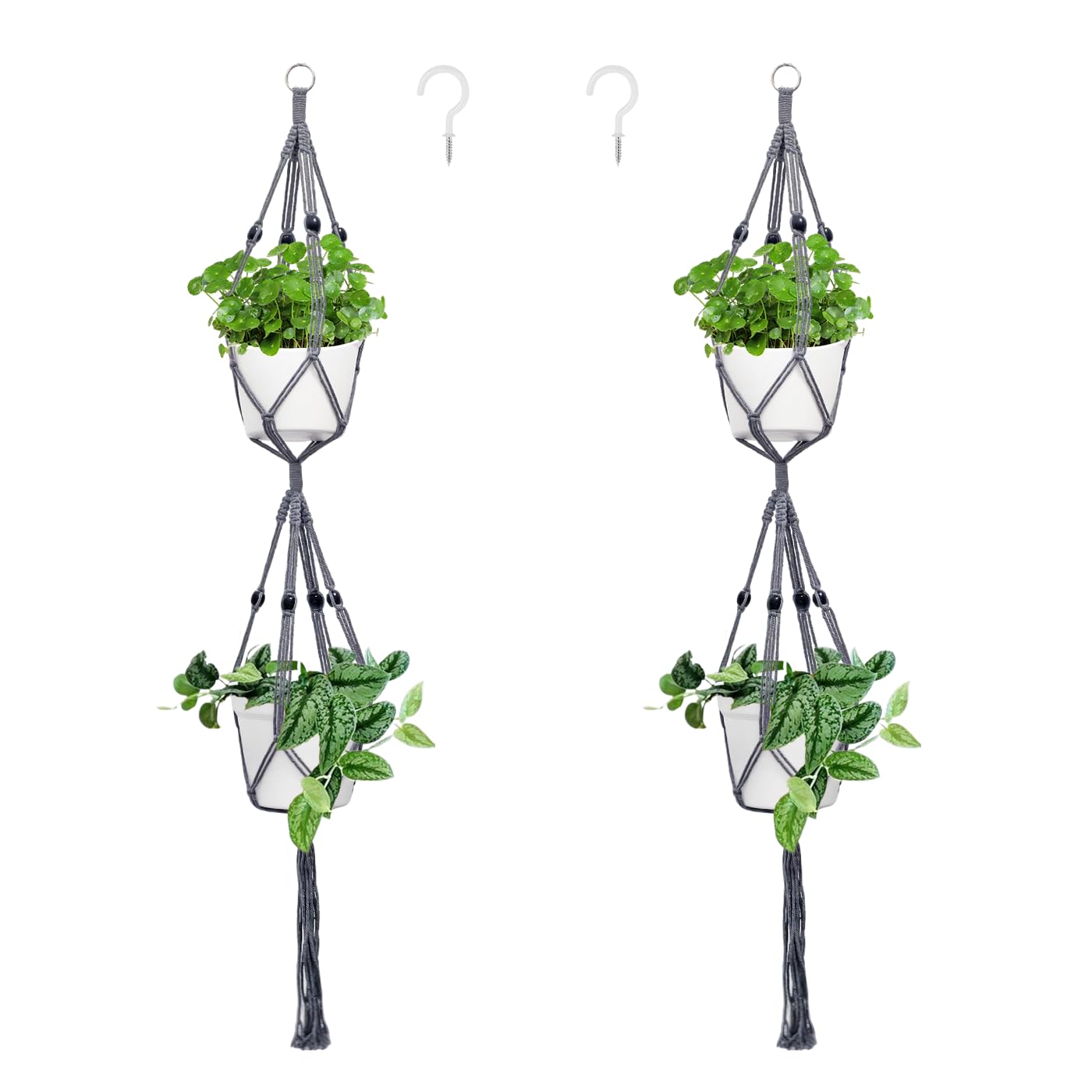 Belit 2 Pack Double Macrame Plant Hangers 2 Tier Hanging Planter Basket Decorative Flower Pot Holder Rope for Indoor Outdoor Home Decor 51 Inch, Grey