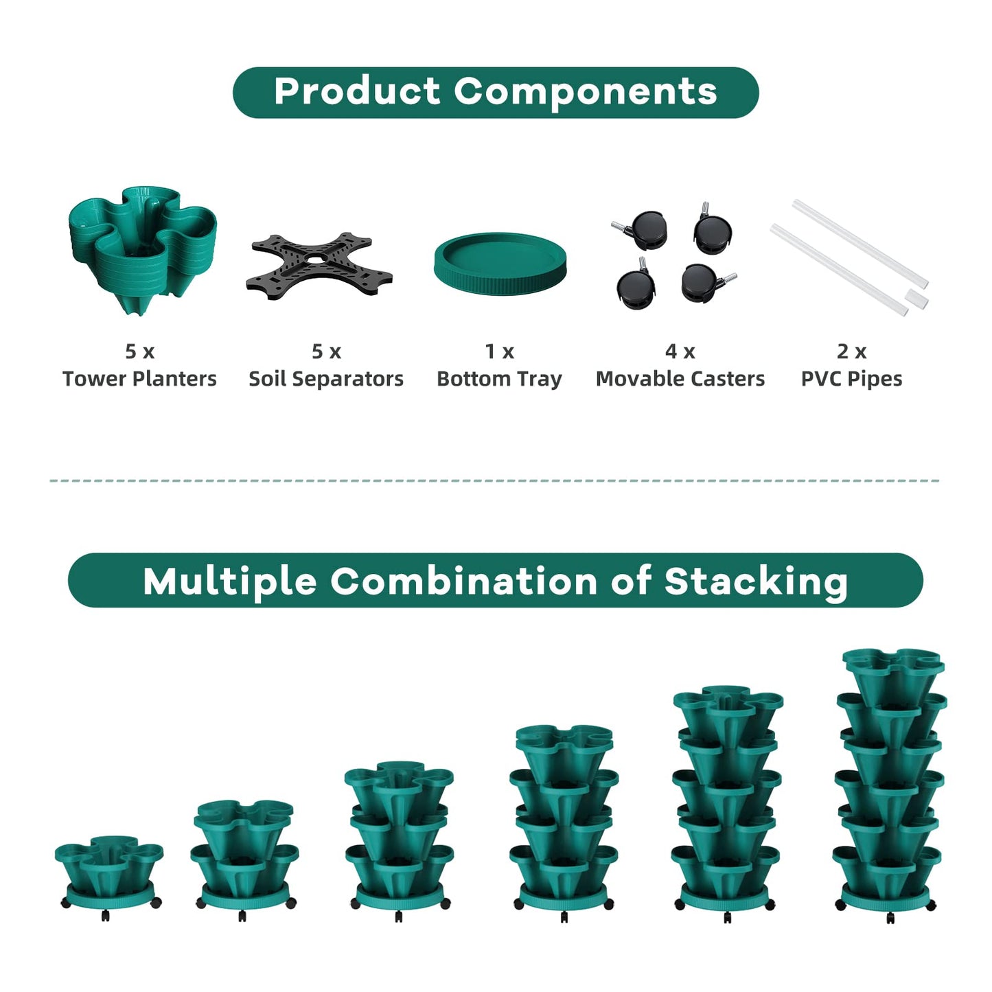 Tectsia Strawberry Vertical Planters Tower Garden, 5 Tiered Stacking Planter with Support Pole, Stackable Herb Vegetable Planters Indoor and Outdoor - Hunter Green