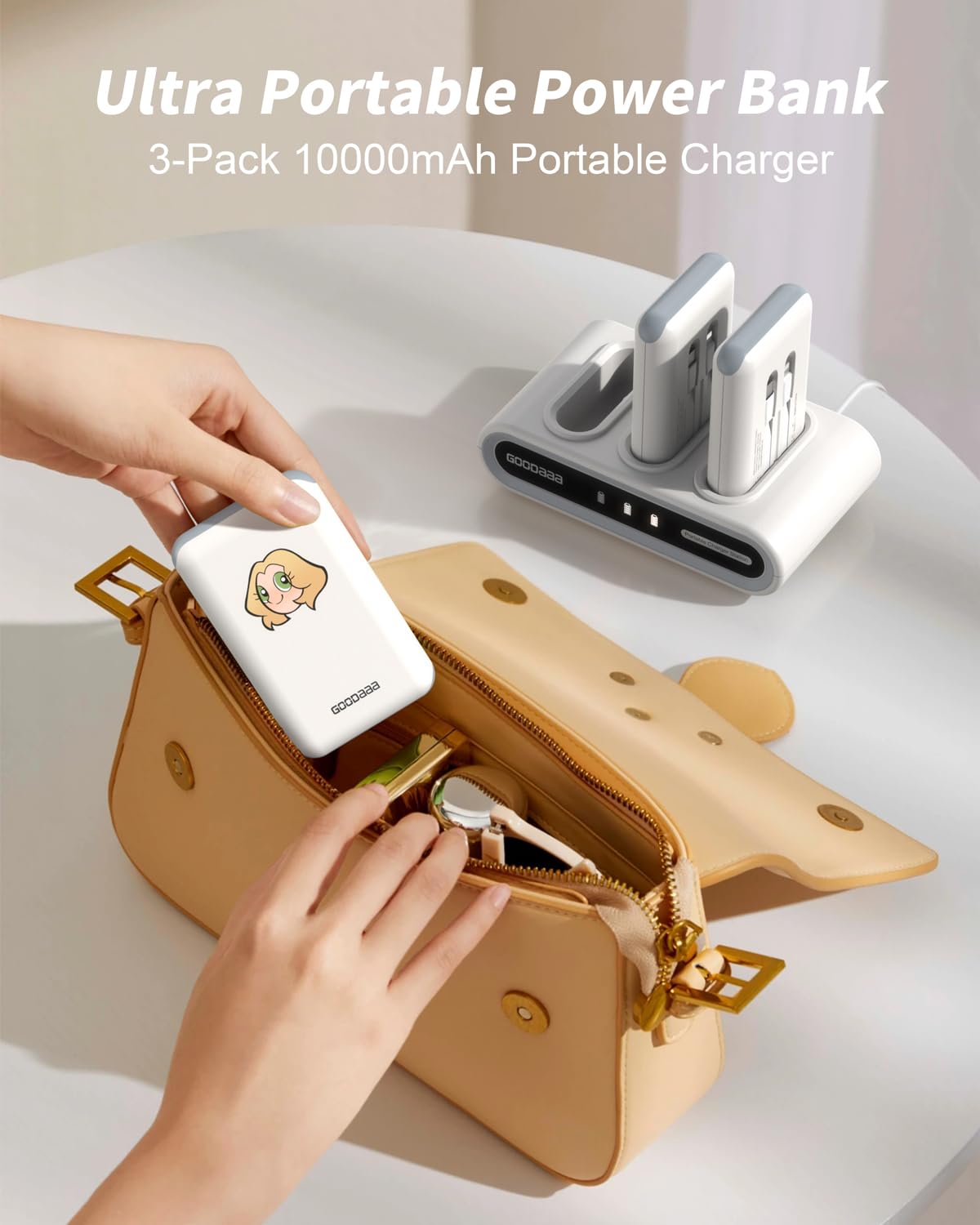 GOODaaa Portable Charger, 3-Pack 10000mAh Slim Power Bank Built in Cables, 3 Outputs 1 Inputs Family Power Hub for All Mobile Devices, Charging Station Set Includes 180 DlY Stickers, for Home,Office