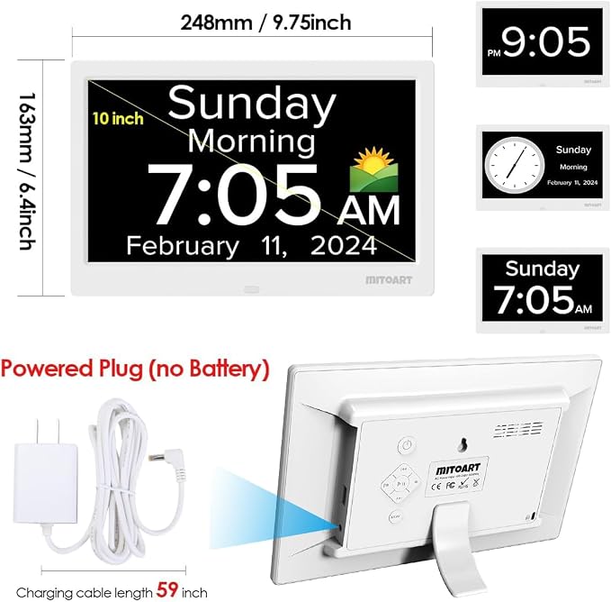 10.1 Inch Digital Alarm Clock with Date and Day of Week for Dementia Seniors, Clear Large Screen, Multiple Alarm Sets, Auto DST, Designed Specifically for Elderly - White
