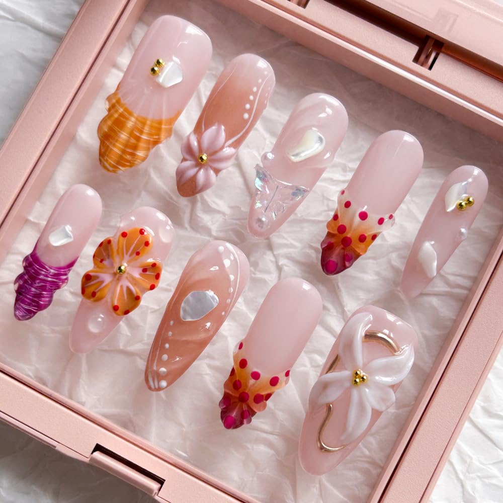 MAGLFELL Handmade Acrylic Press On Nails, 3D French Long Almond False Nails for Women, Reusable ABS Material Fake Nails, 10 Pcs Almond Stick On Nails, DIY Fingernails Art At Home (Size M)