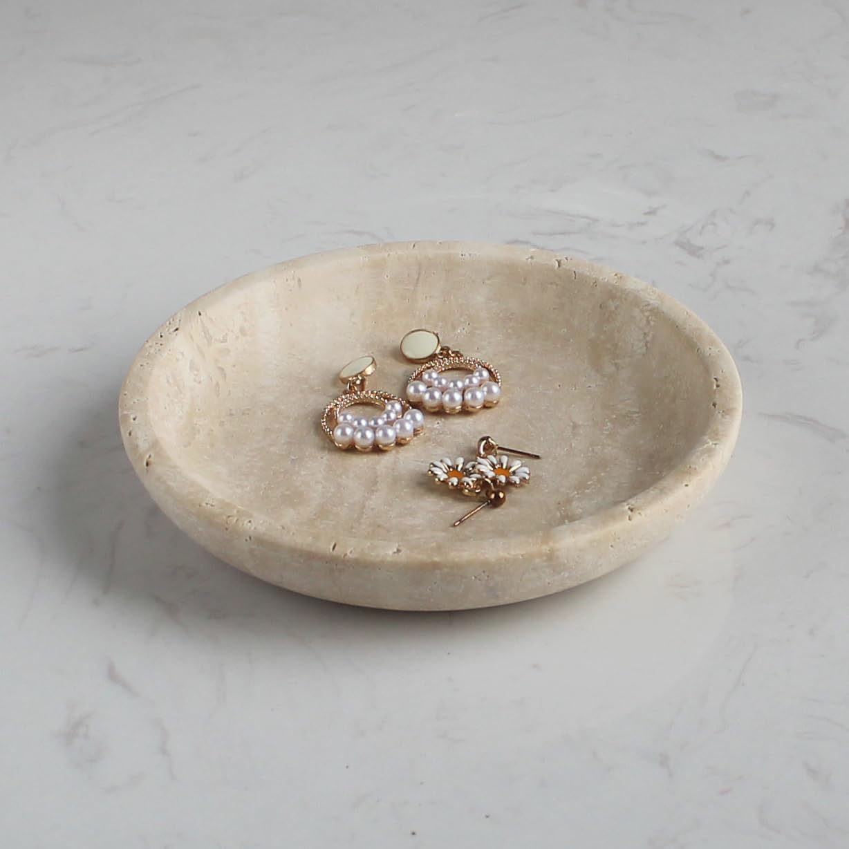 Nawgnail Natural Travertine Marble Jewelry Dish 5.5", Trinket Dish for Ring Earring, Gift for Woman Daugther(Beige Travertine)
