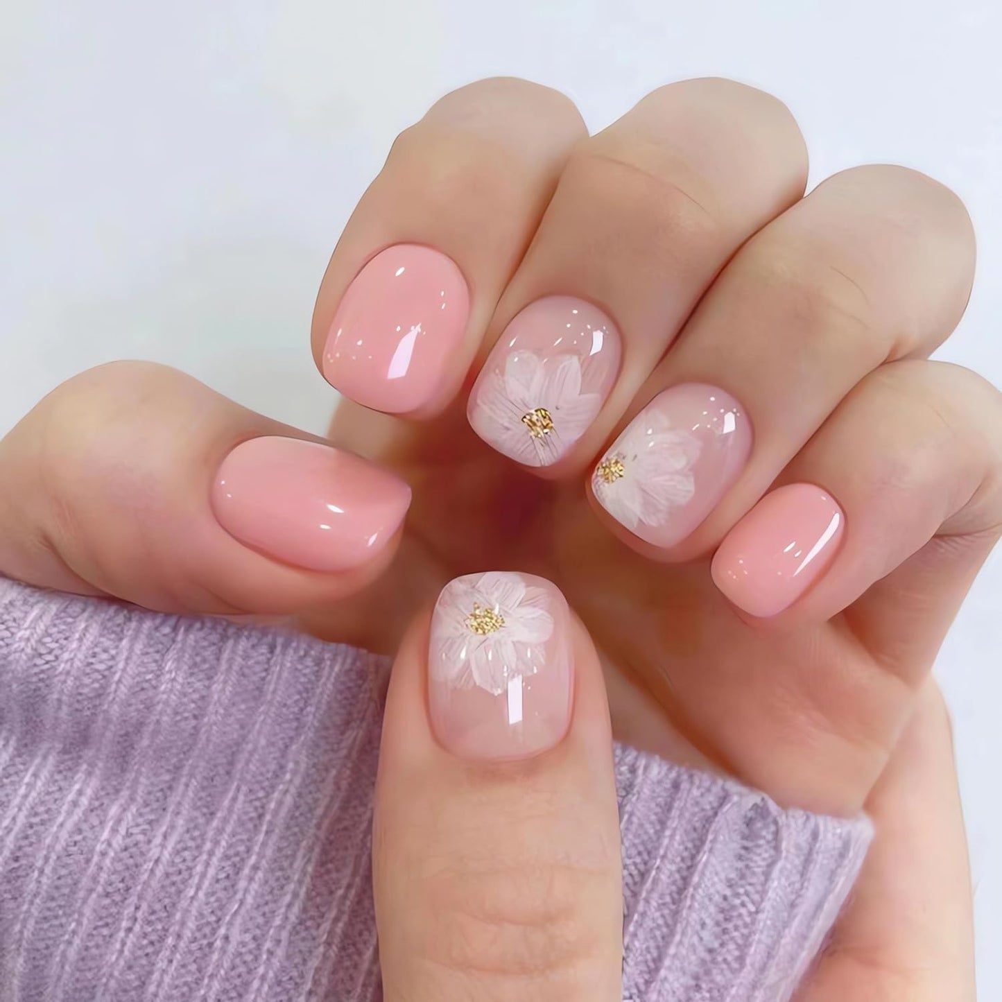 Flower Press On Nails - Glossy Pink Nails with White Flowers Designs - Cute Short Acrylic Nail Kit - 24Pcs