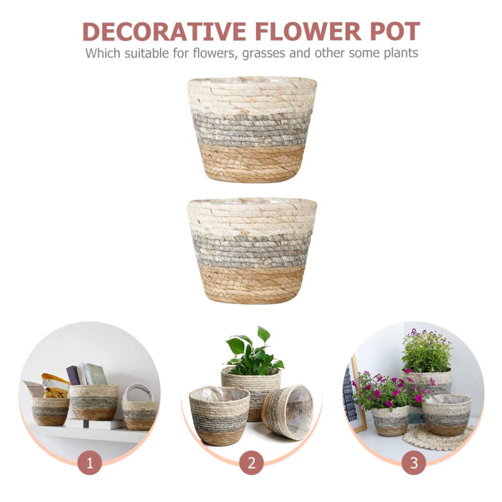 Operitacx Handmade Sea Grass Plant Basket 2 Pack Decorative Flower Holder Baskets for Home