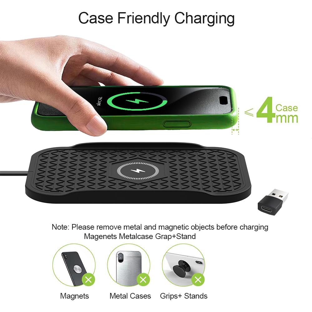 Wireless Car Charger Silicone Pad, for iPhone12/11 Pro/XS/XR/8/8Plus,15W Fast Car Wireless Charging Non-Slip Mat, for Samsung S21/S22/S23/S24/S25/Androids,80cm Cable, Black
