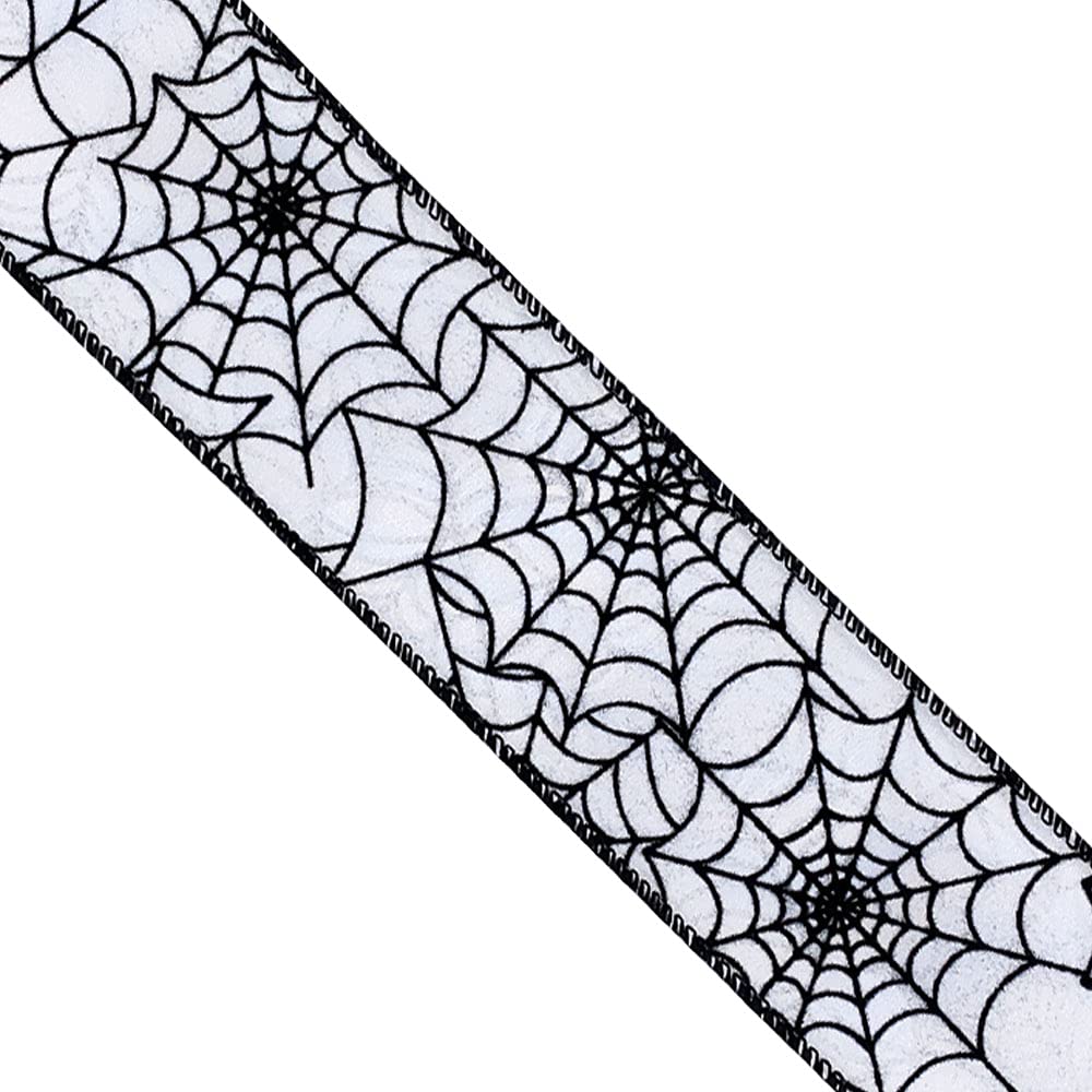 Designer’s Shop Halloween Wired Edge Ribbon 2.5” x 10 Yard for DIY Crafting, Home Décor (Spider Web- Black-White) WR 63-5113 Black Spider Web on White Satin Ribbon