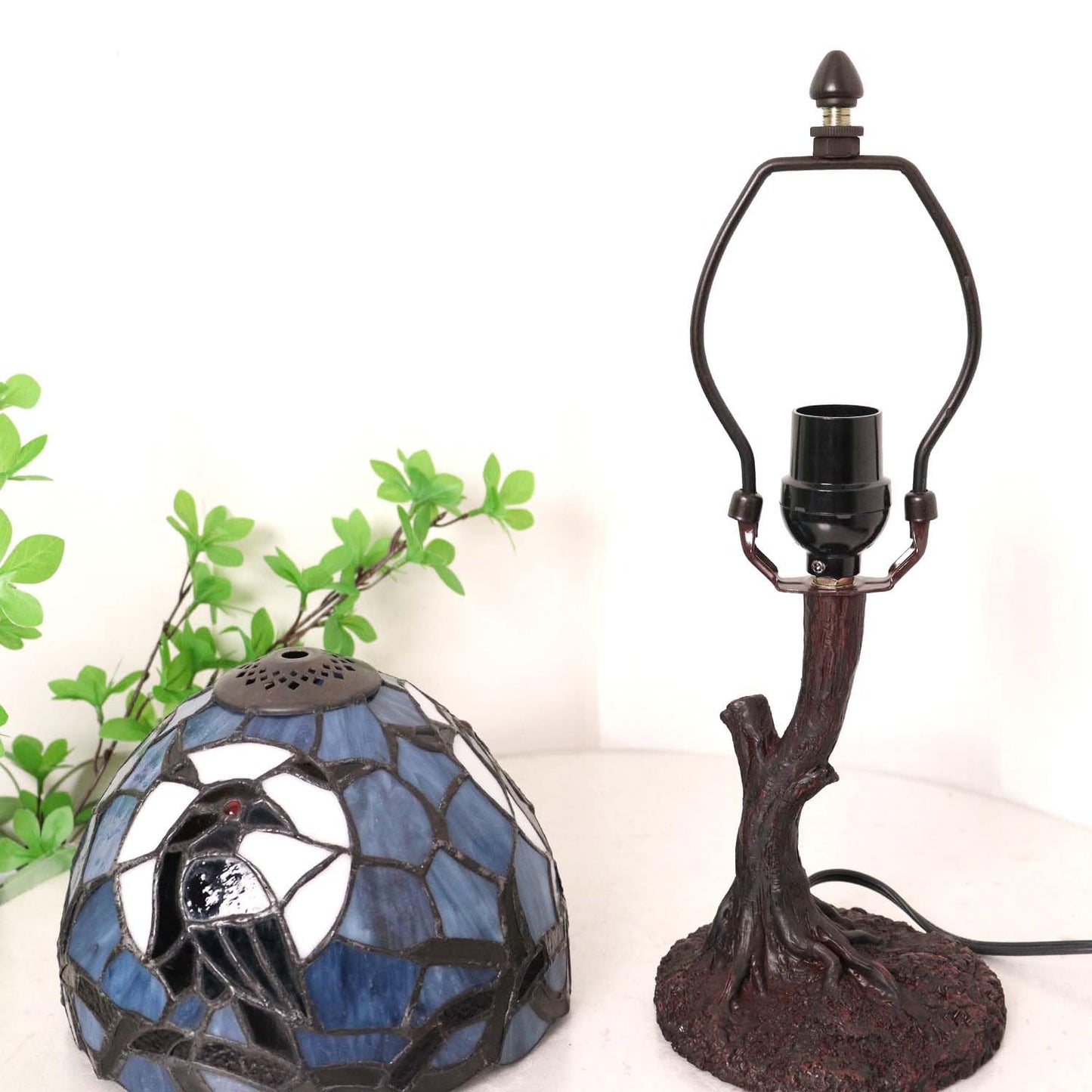 Bieye L12010 Raven Sitting on Bare Tree Branch in Full Moon Night Tiffany Style Stained Glass Table Lamp for Home Decor (Dark Blue, 8Wx14H)