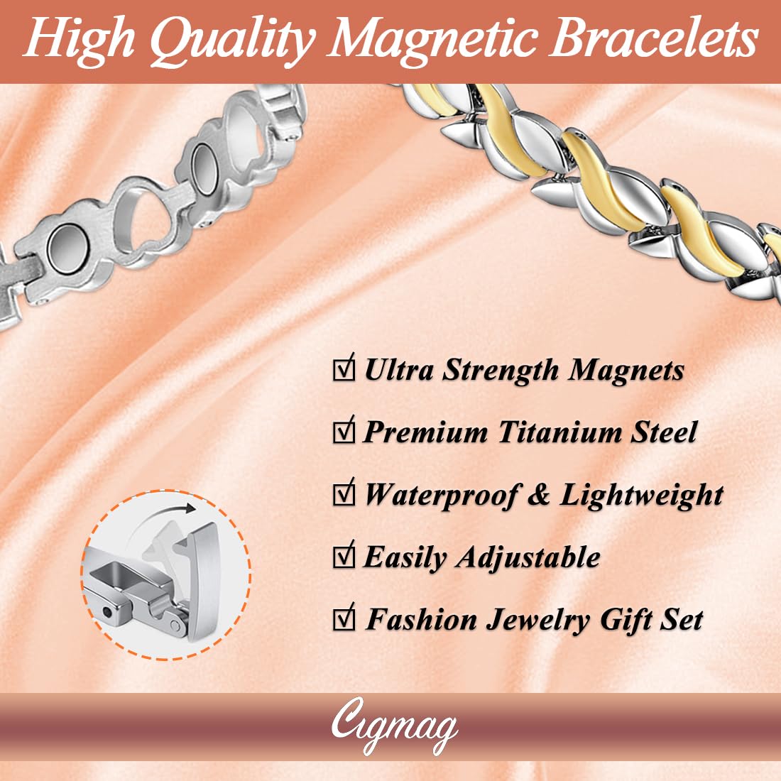 Cigmag Magnetic Bracelets for Women Titanium Bracelet Strength Magnet with Adjustable Tool (2 PCS)