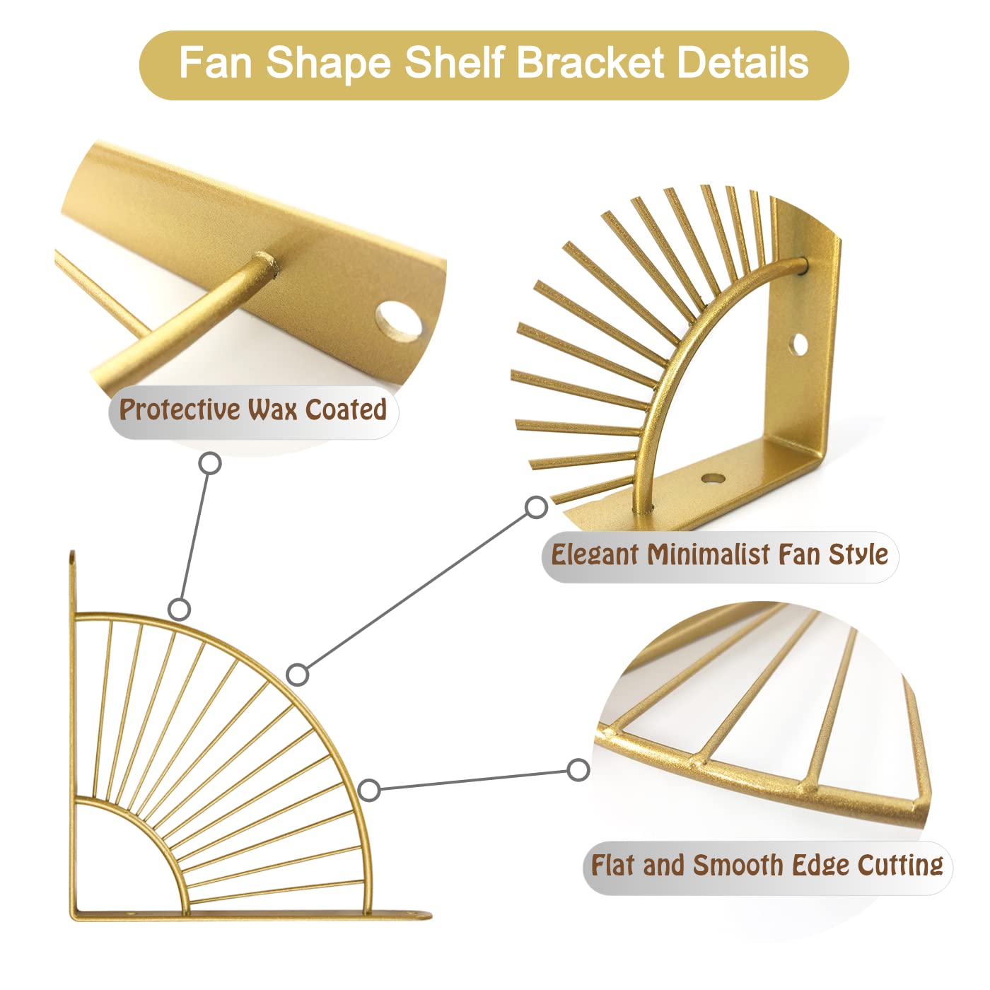 Z METNAL Decorative Shelf Brackets, Brass Metal Shelves Bracket, Wall Decor, Modern Shelving Bracket for DIY Floating Shelves,Gold,6 inch,4 Pcs