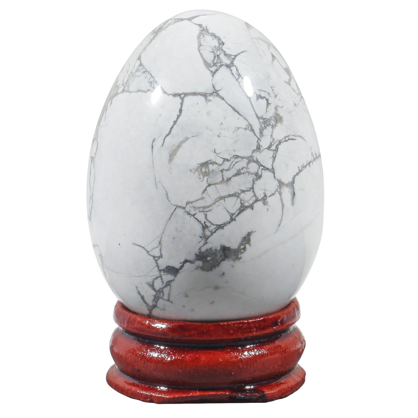 Fekuar Stone Egg Figurine, Polished Healing Crystal Easter Eggs Sphere Sculpture with Wood Stand, Natural White Howlite Turquoise, 1.8"