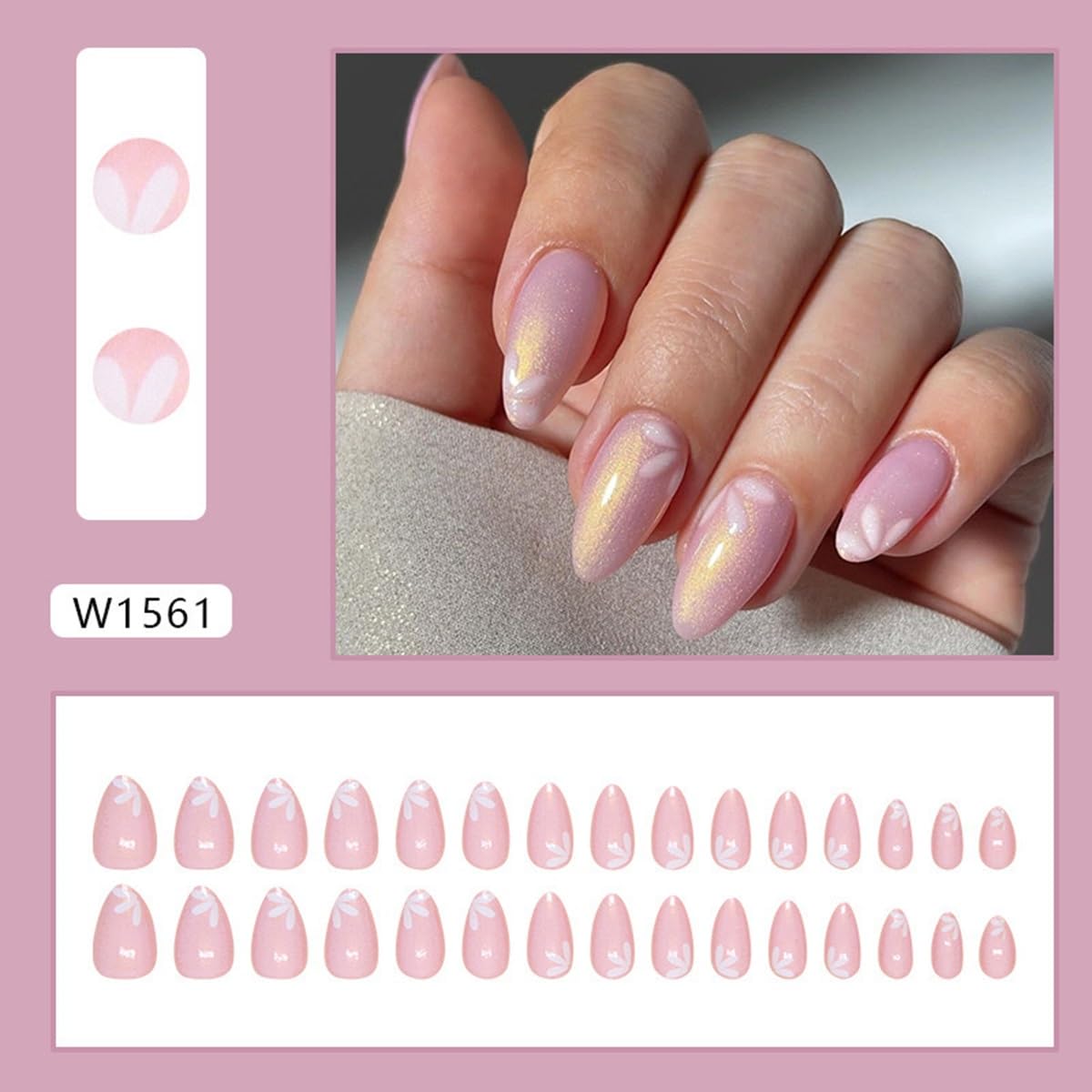 Short Press Almond Pink False Nails with Cute Flower Design - Glitter Acrylic Glossy Full Cover Glue on Shiny Artificial Nails for Women's Manicure - 30Pcs