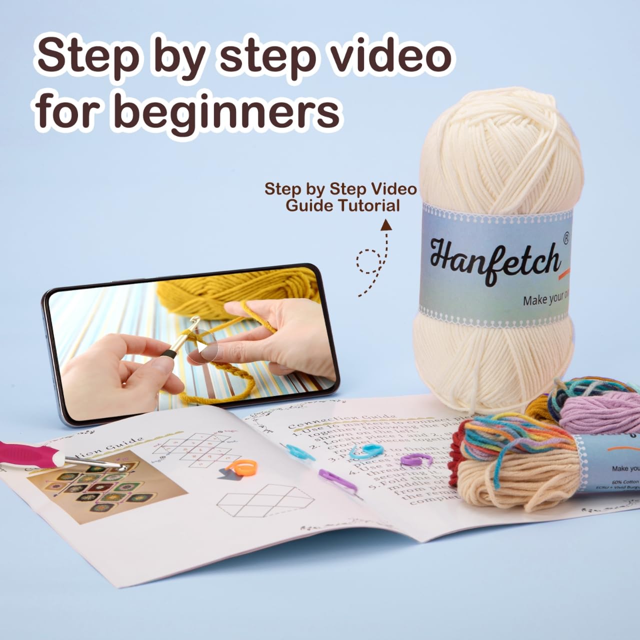 Hanfetch Crochet Kit for Advanced or Intermediate Beginner, Step by Step Video Tutorial and Detailed Guide Instruction DIY Craft Supplies for Adult and Kid with Complete Kit for Granny Square Tote Bag