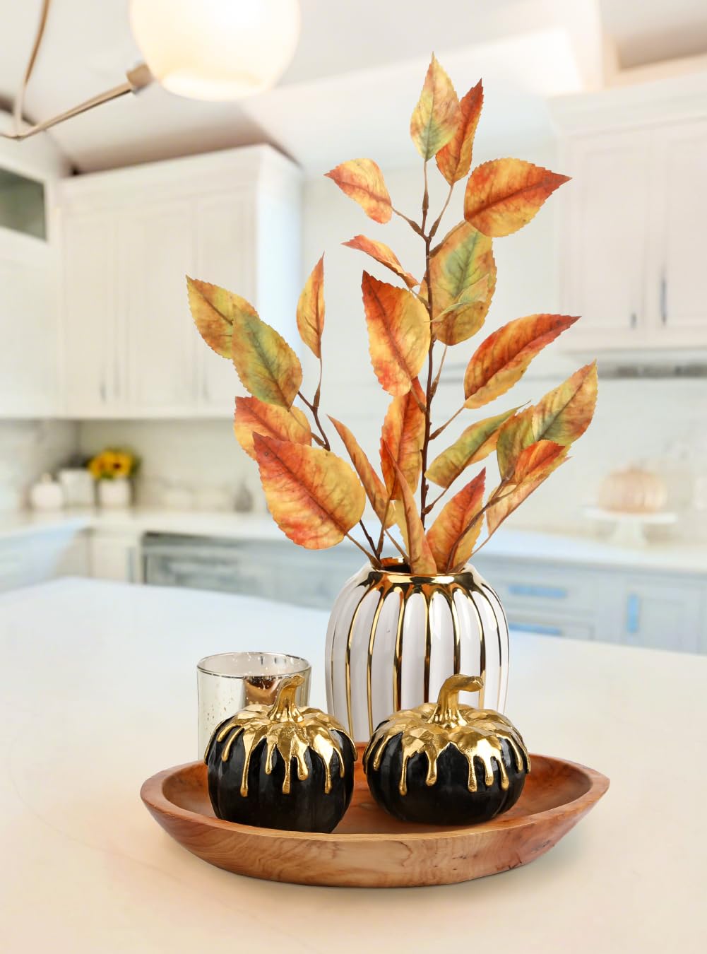 Hollyone Fall Pumpkin Decor 2 PCS Black and Gold Resin Pumpkin Fake Pumpkins for Decorating Figurines Artificial Pumpkins Centerpiece Rustic Farmhouse Halloween Table Fall Decorations for Home