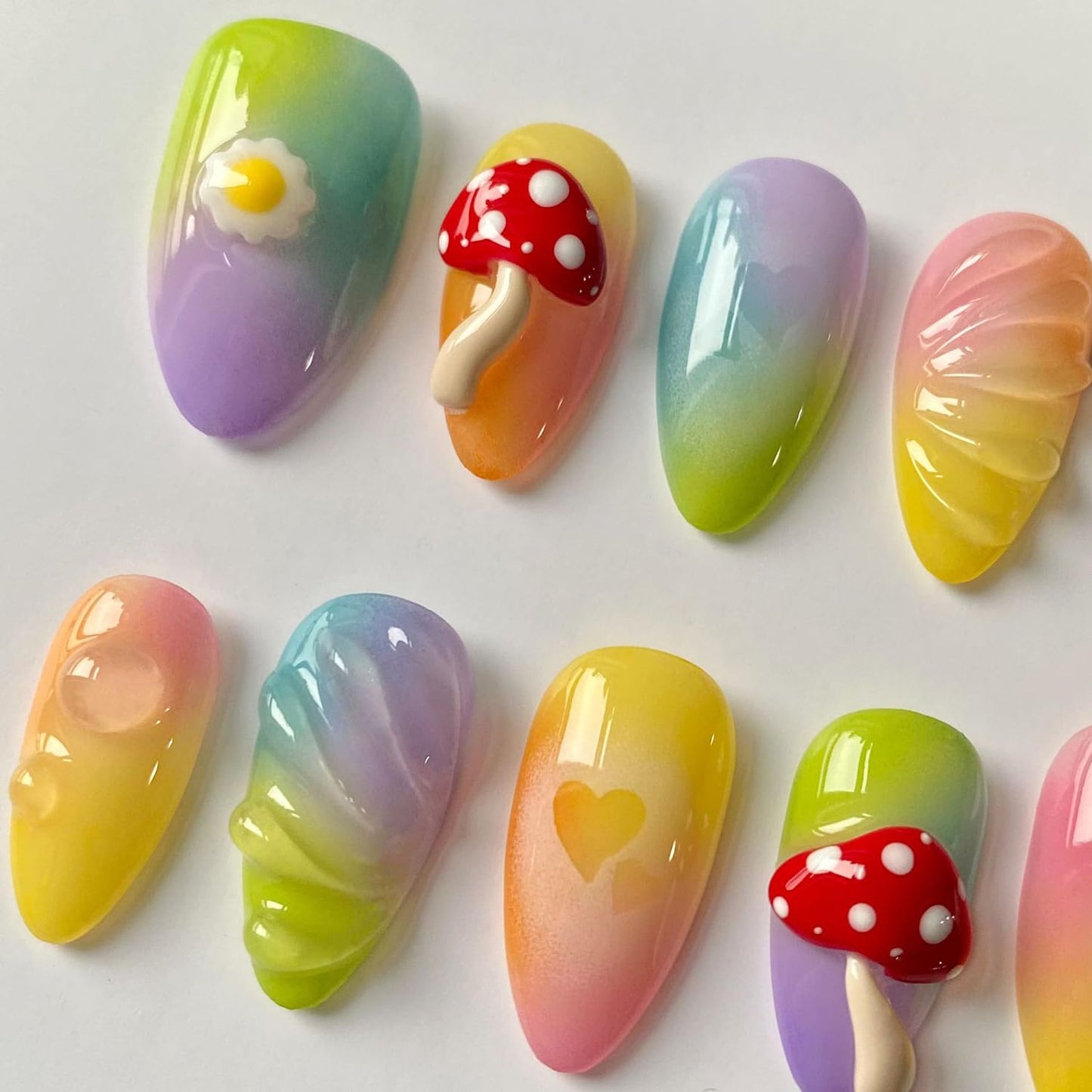 Handmade Press on Nails Short Almond 3D Unique Reusable ABS Material Cute Fake Nails Luxury False Nails with Designs Mushroom Egg Colorful Glossy Glue on Nails Thick Acrylic Nails(S)