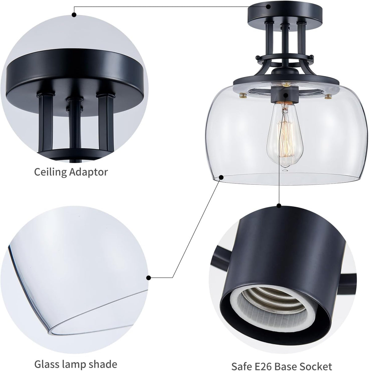 WUZUPS Chandelier Rustic Farmhouse Industrial Round Semi-flushmount Ceiling LED Light Fixture with Clear Glass Shades for Bathroom Kitchen Foyer Entryway, H 10" x W 10", E26 Base, Black