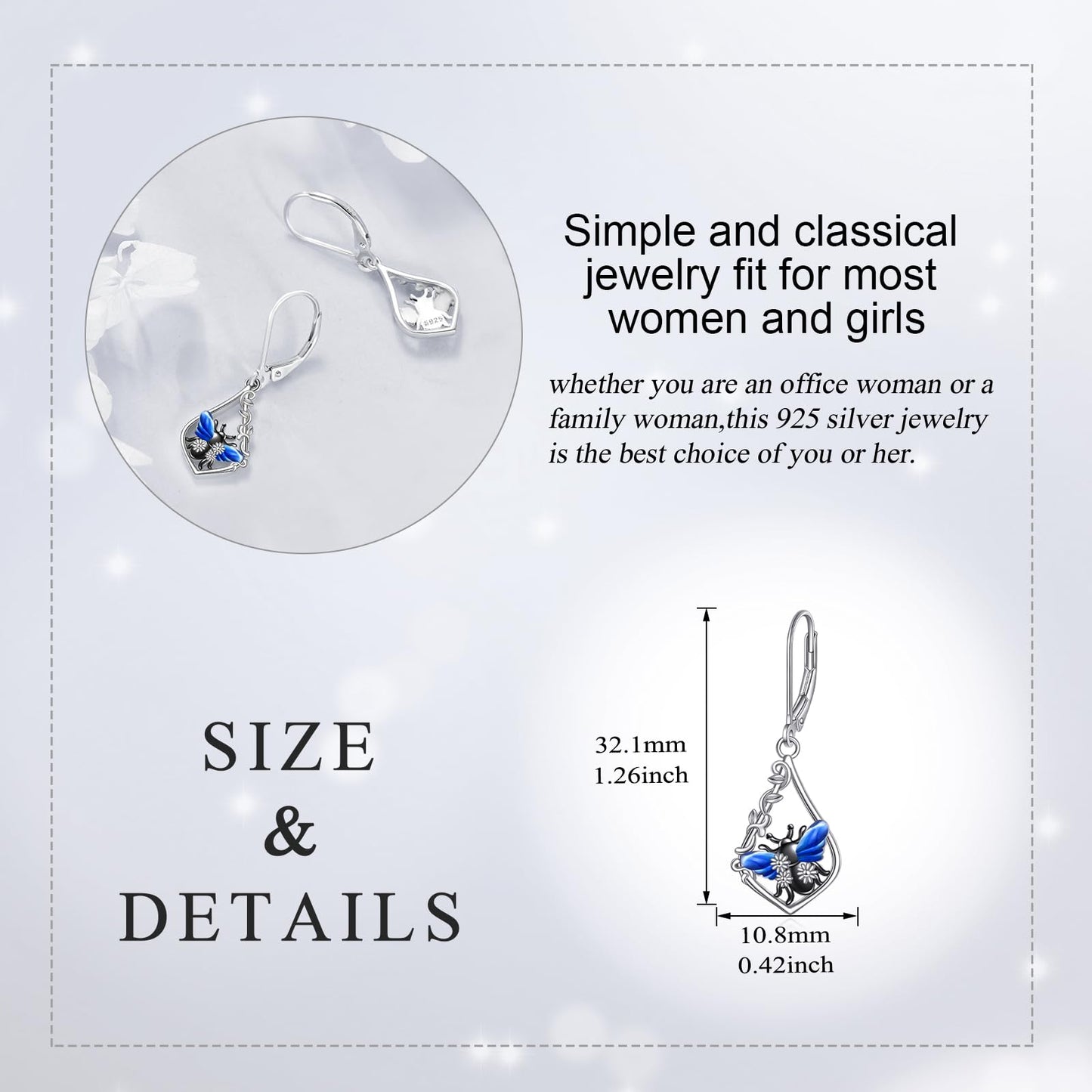 Bee Earrings Sterling Silver Daisy Filigree Earrings Leverback Dangle Earrings Drop Jewelry Birthday Gifts for Women
