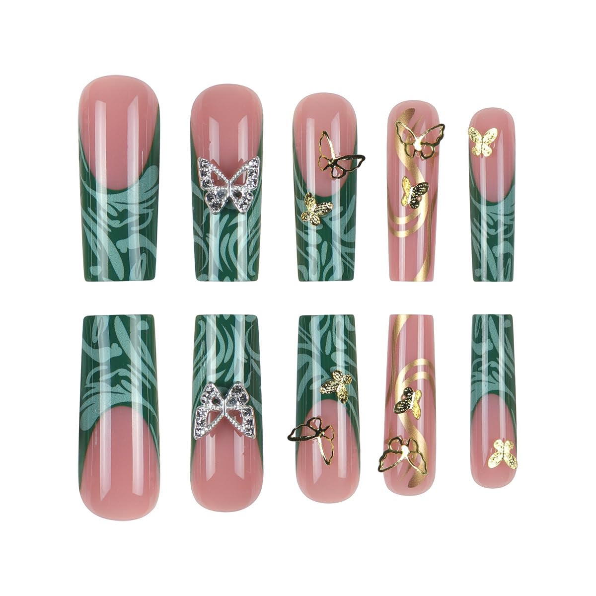 SEENEEY Almond Acrylic Full Cover Nails 24pcs Green Glossy False Nails with Butterfly Designs French Tip Press-On Nails