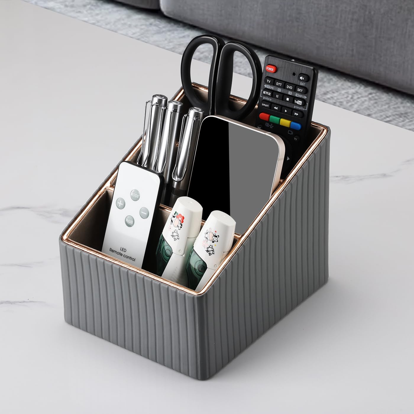 KINGFOM 3 Slot PU Leather Remote Controller Holder, Home Sundries Storage Box, TV Guide/Mail/CD Organizer/Caddy/Holder with Free Cable Desk Organizer (Gray)