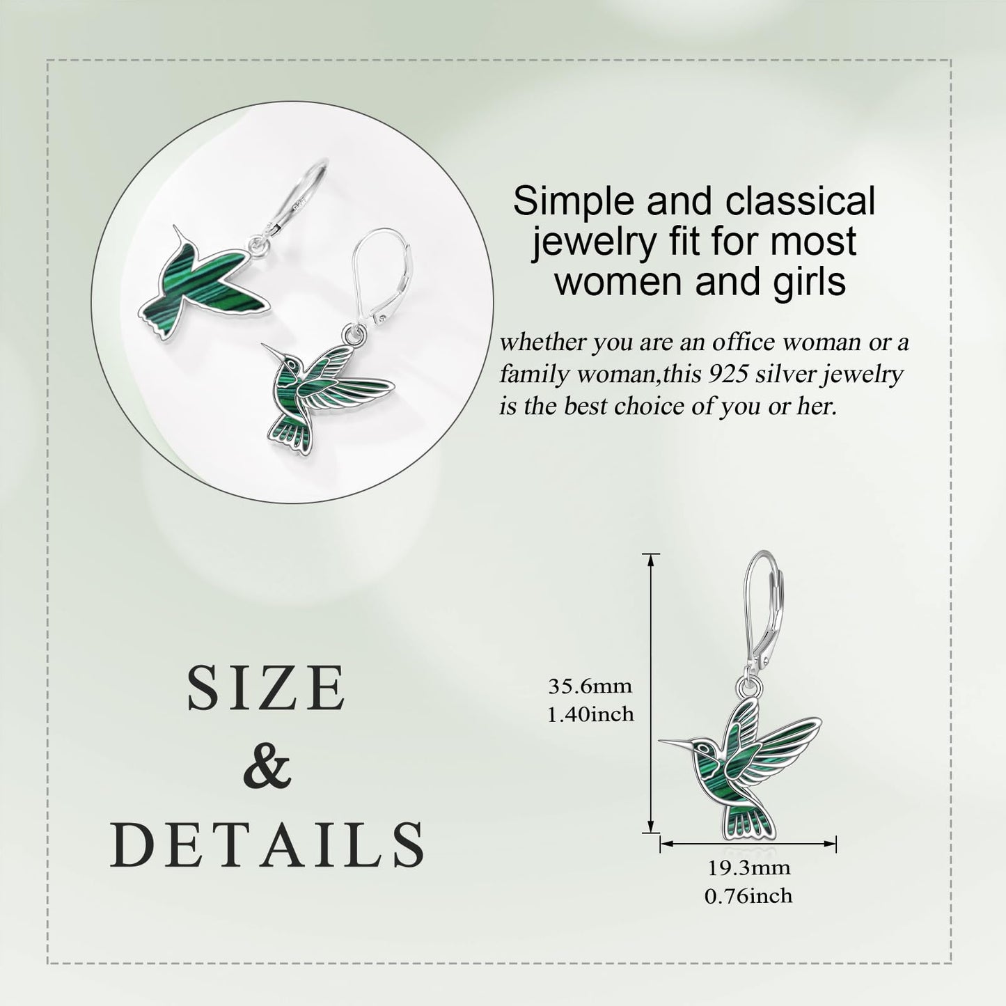 Hummingbird Dangle Earrings 925 Sterling Silver Bird Earrings for Women Bird Earrings (Malachite Hummingbird Earrings)
