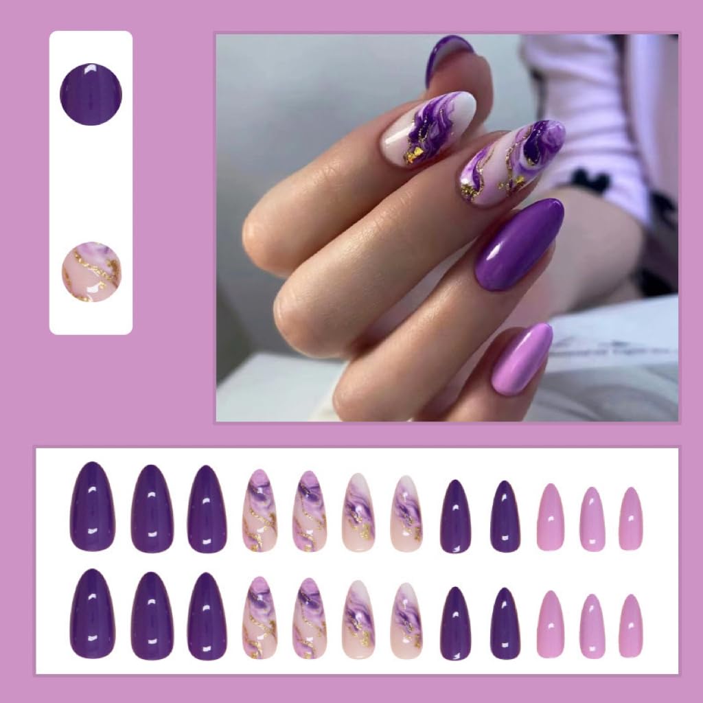 Purple Press on Nails Almond - Medium Fake Nails with Marble Texture Design - Ombre, Glitter Stick on False Nails for Women 24 Pcs