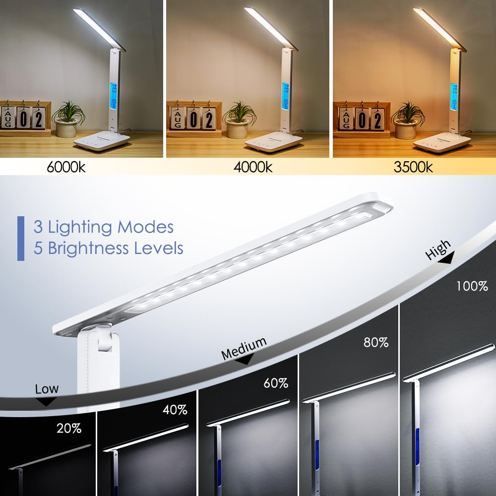 wanjiaone Multifunctional LED Desk Lamp with Wireless Charger,USB Charging Port,Clock,Phone Holder,Desk Lamps for Home Office,Eye-Caring Reading Lamp,Study Lamp for Boys,Girls,Teens,White