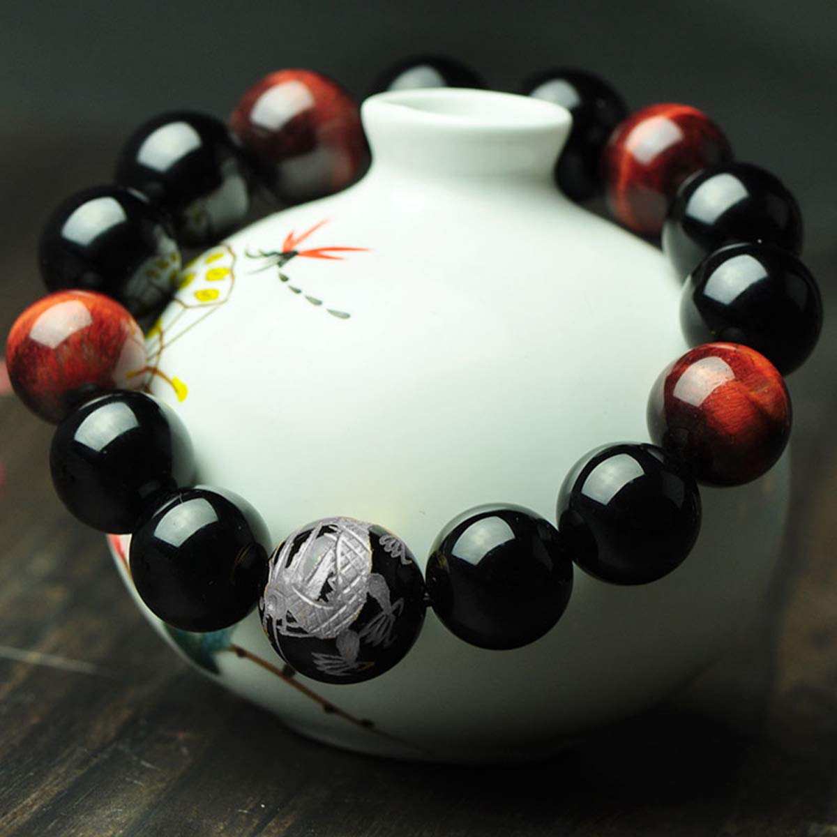 Merdia Men's Tiger Eye Stone Elastic Bead Bracelet with Loong Pattern